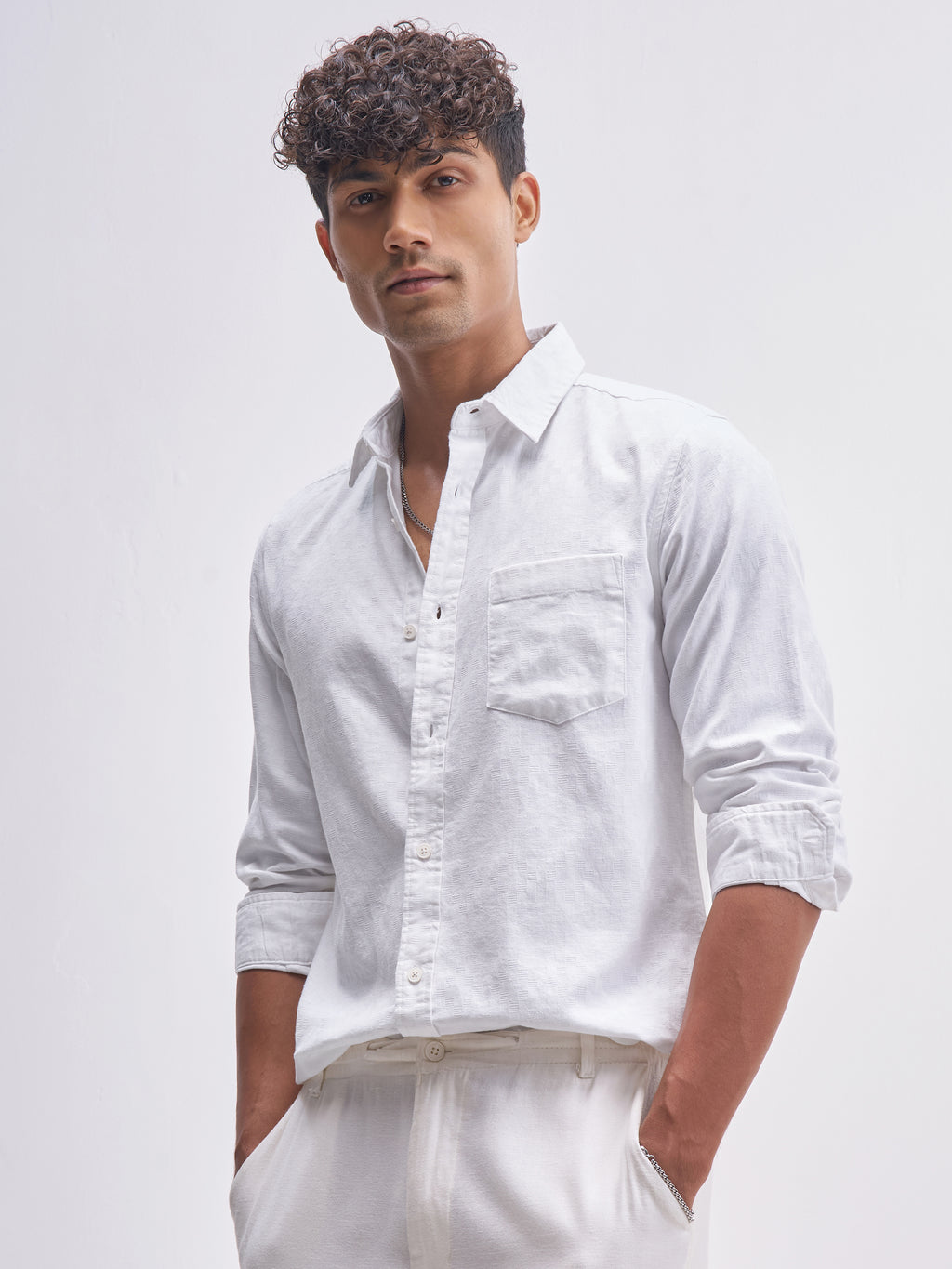 Highlander Men White Self Design Slim Fit Casual Shirt - White - Image 4