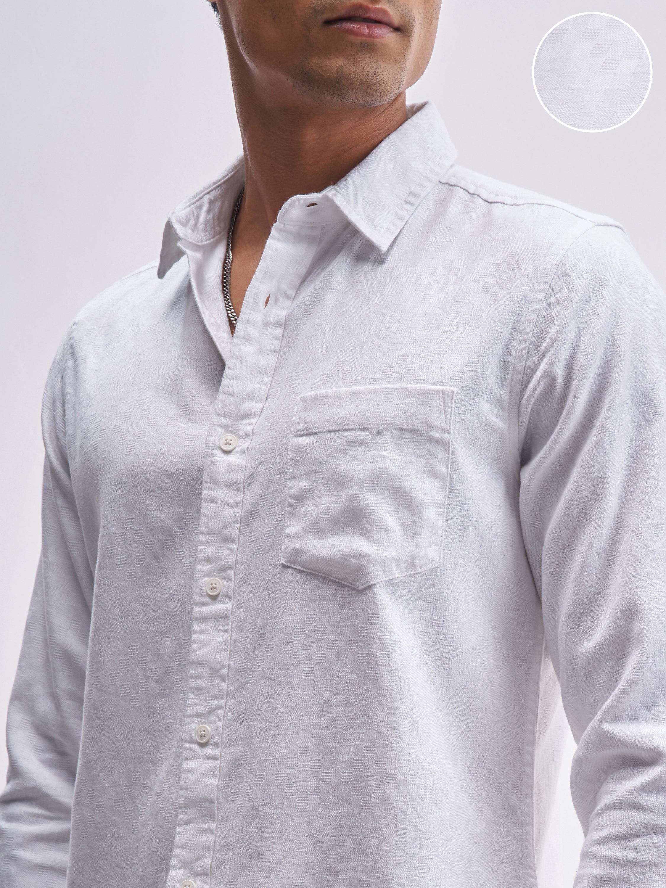 Highlander Men White Self Design Slim Fit Casual Shirt - White - Image 5