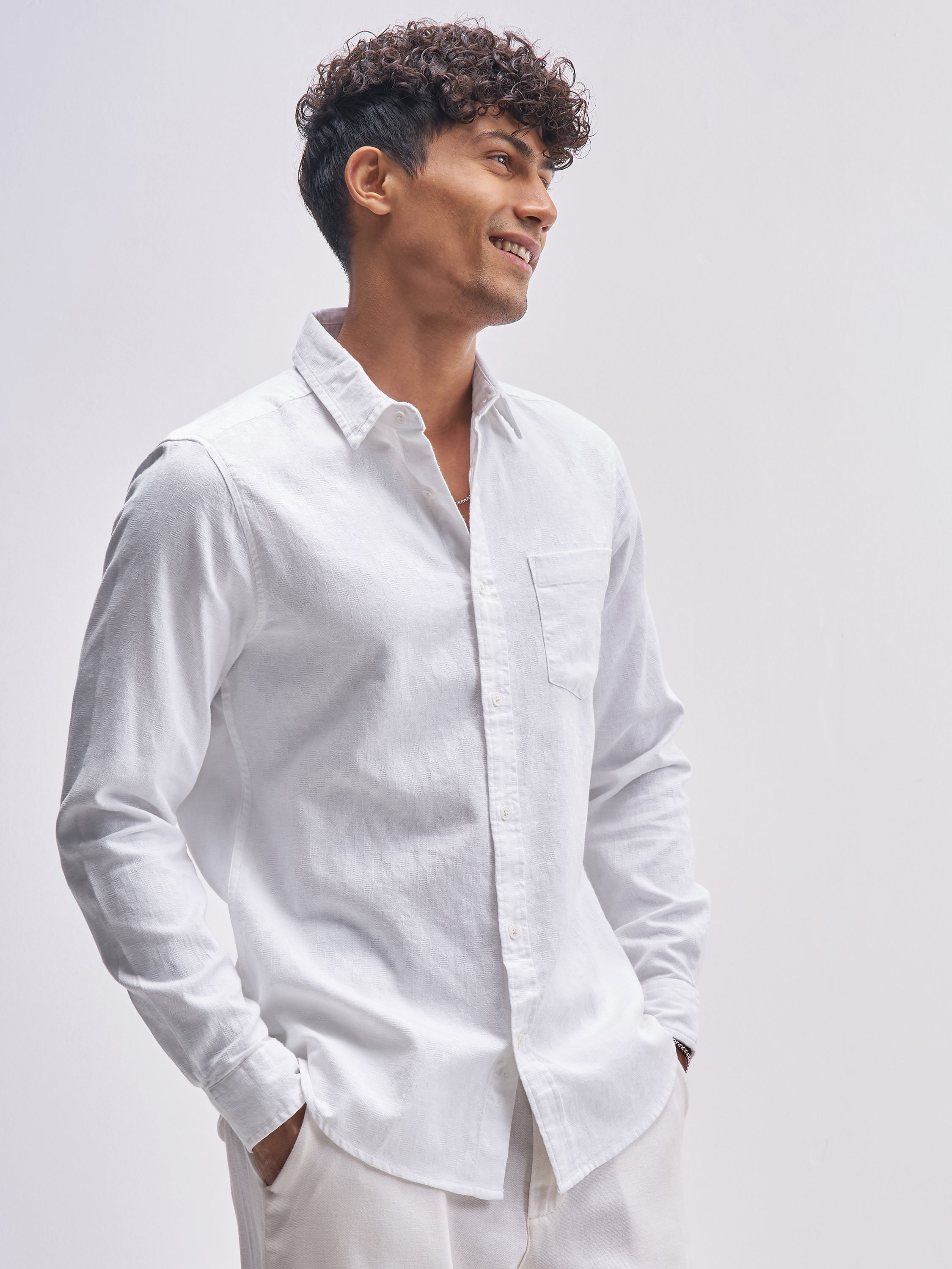 Highlander Men White Self Design Slim Fit Casual Shirt - White - Image 6