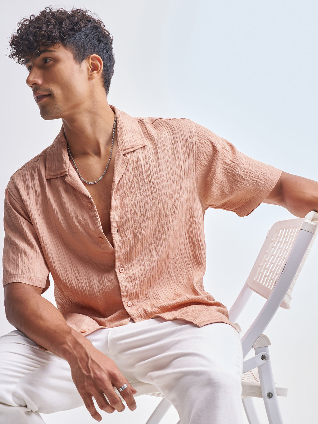 Highlander Men Peach Crushed Relaxed Fit Casual Shirt - Peach - Image 1