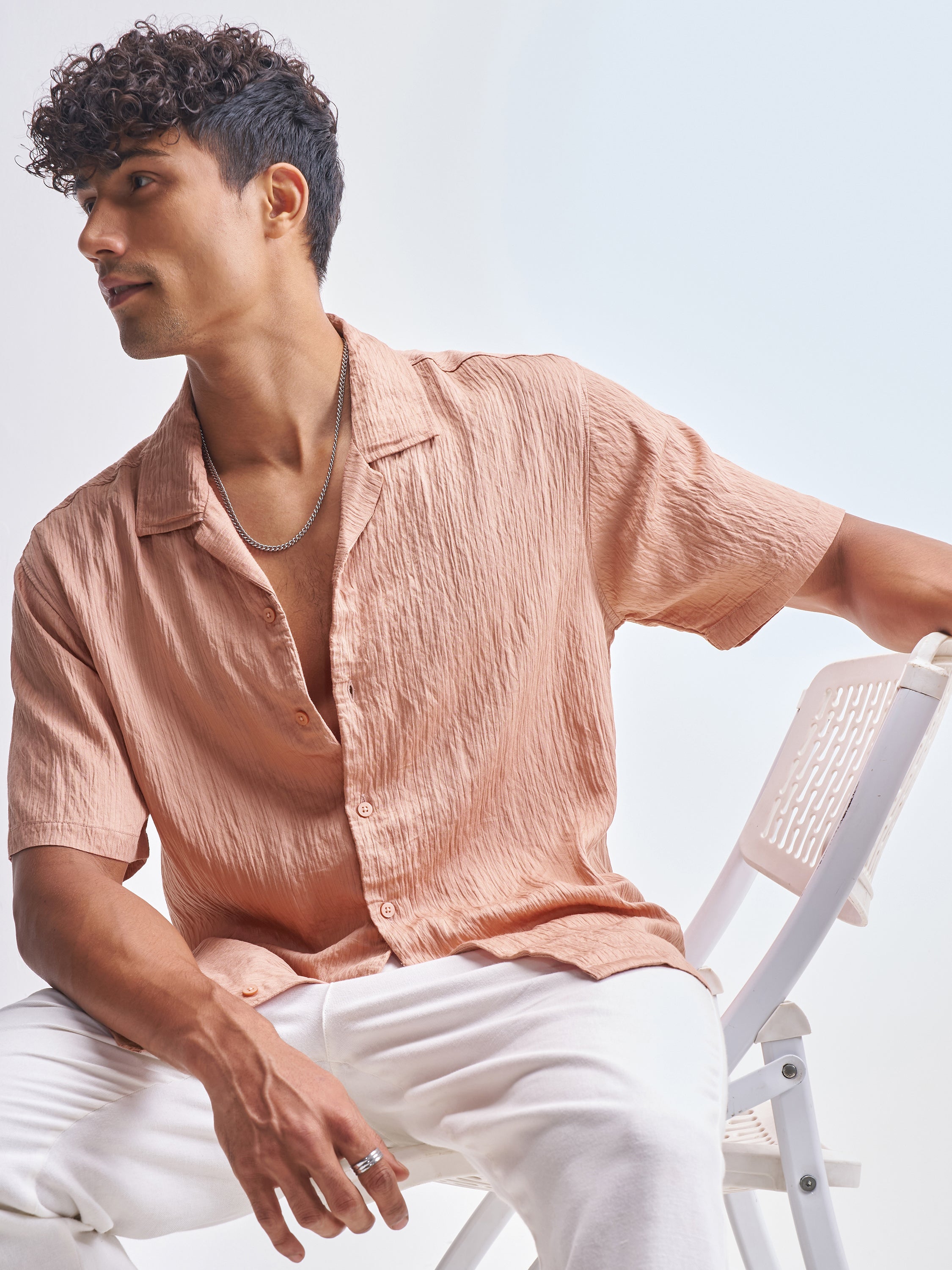 Highlander Men Peach Crushed Relaxed Fit Casual Shirt - Peach - Image 1
