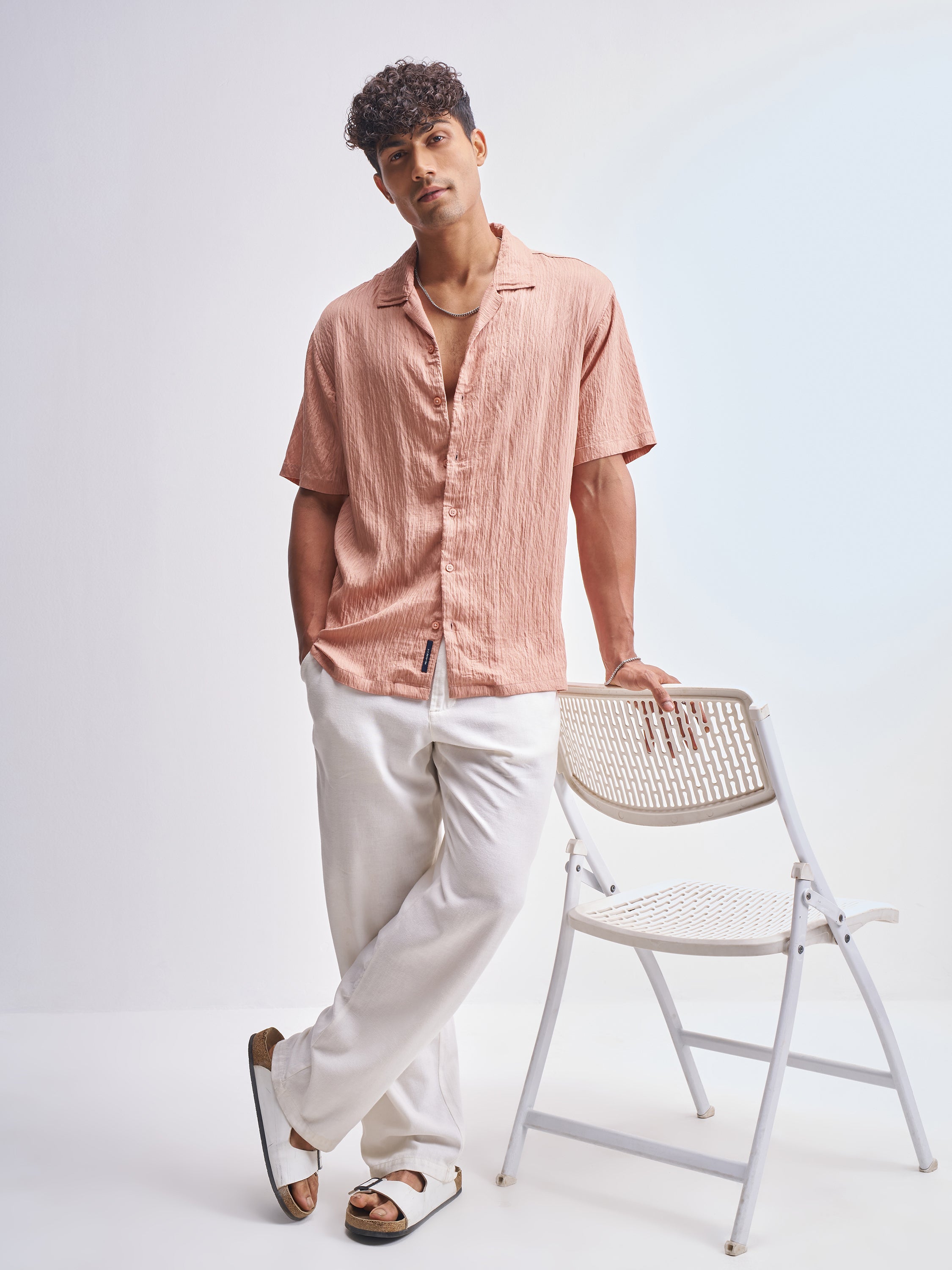 Highlander Men Peach Crushed Relaxed Fit Casual Shirt - Peach - Image 2