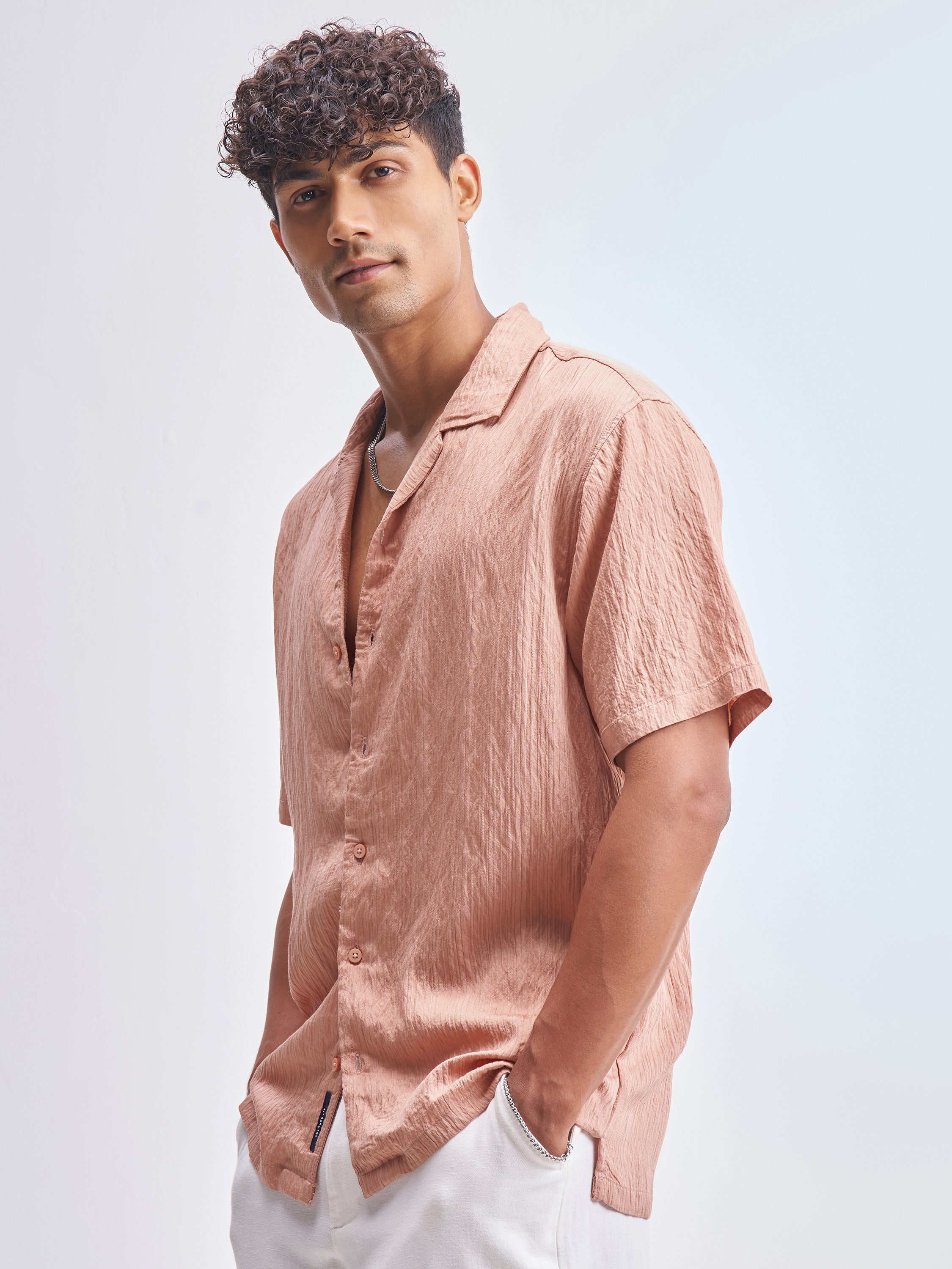 Highlander Men Peach Crushed Relaxed Fit Casual Shirt - Peach - Image 4