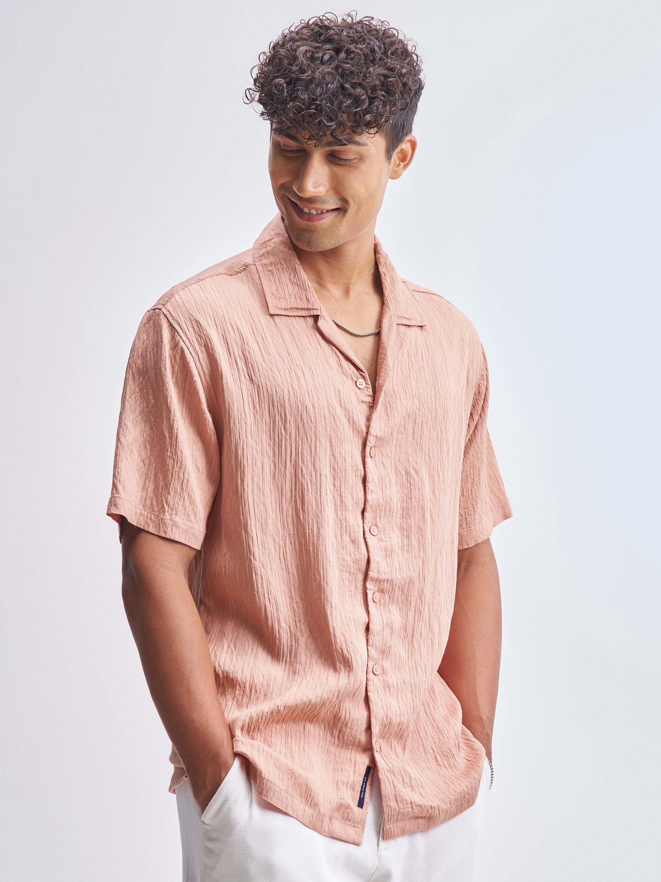 Highlander Men Peach Crushed Relaxed Fit Casual Shirt - Peach - Image 6