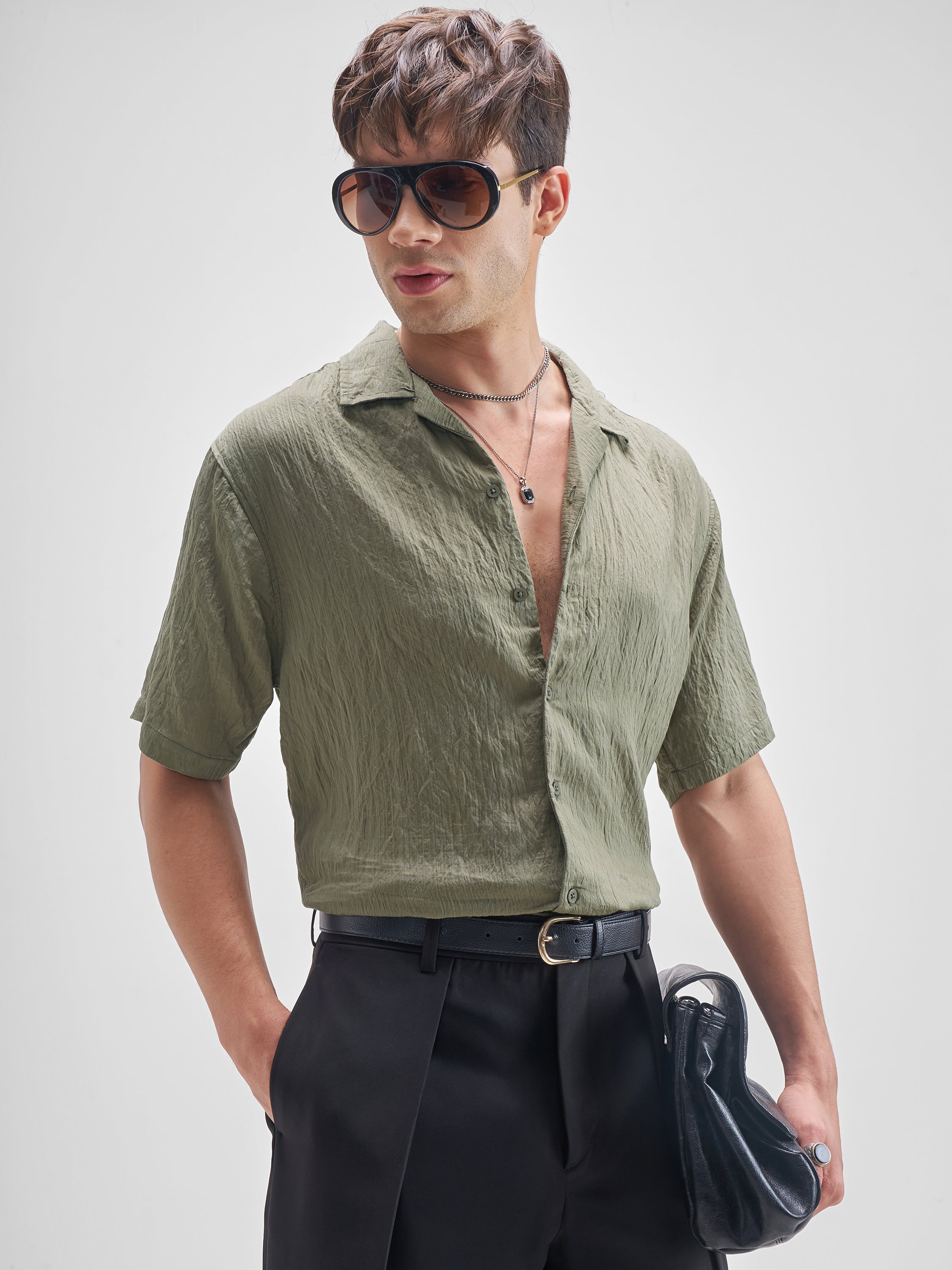 Highlander Men Green Self Design Relaxed Fit Casual Shirt - Green - Image 6
