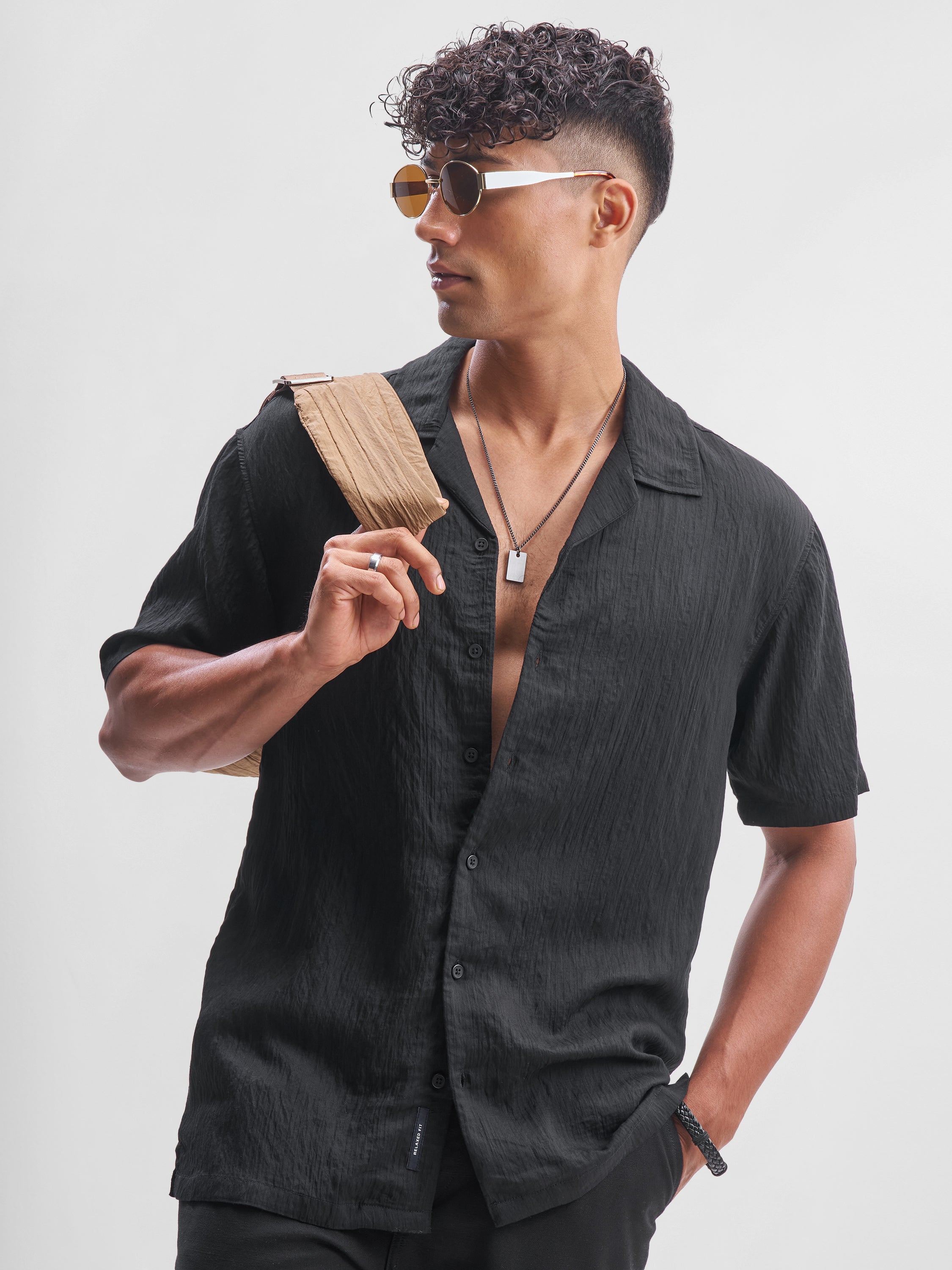 Highlander Men Black Self Design Relaxed Fit Casual Shirt - Black - Image 1