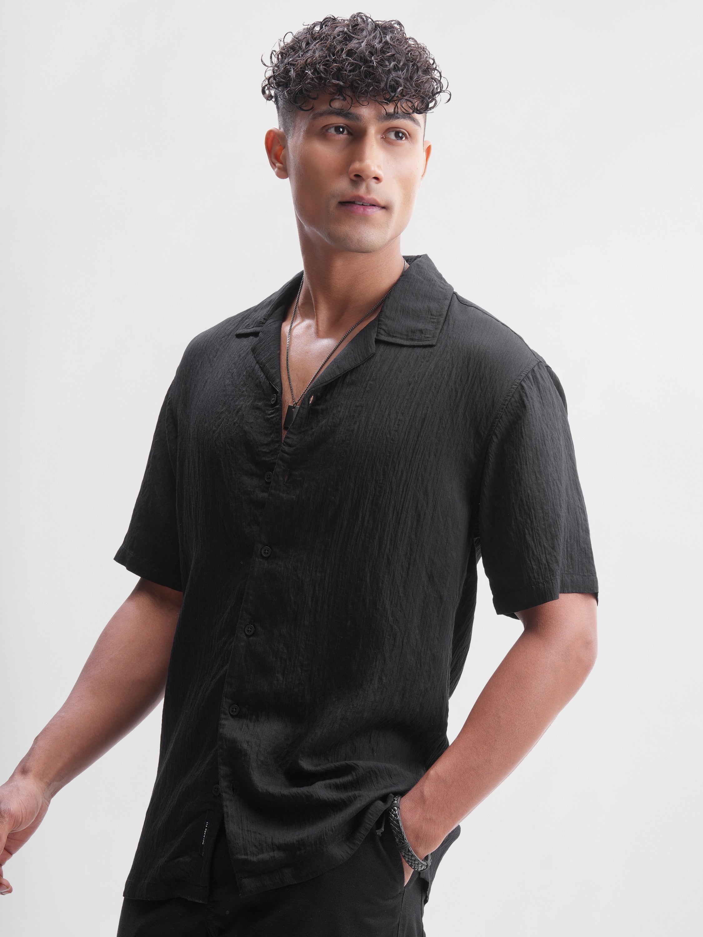 Highlander Men Black Self Design Relaxed Fit Casual Shirt - Black - Image 4
