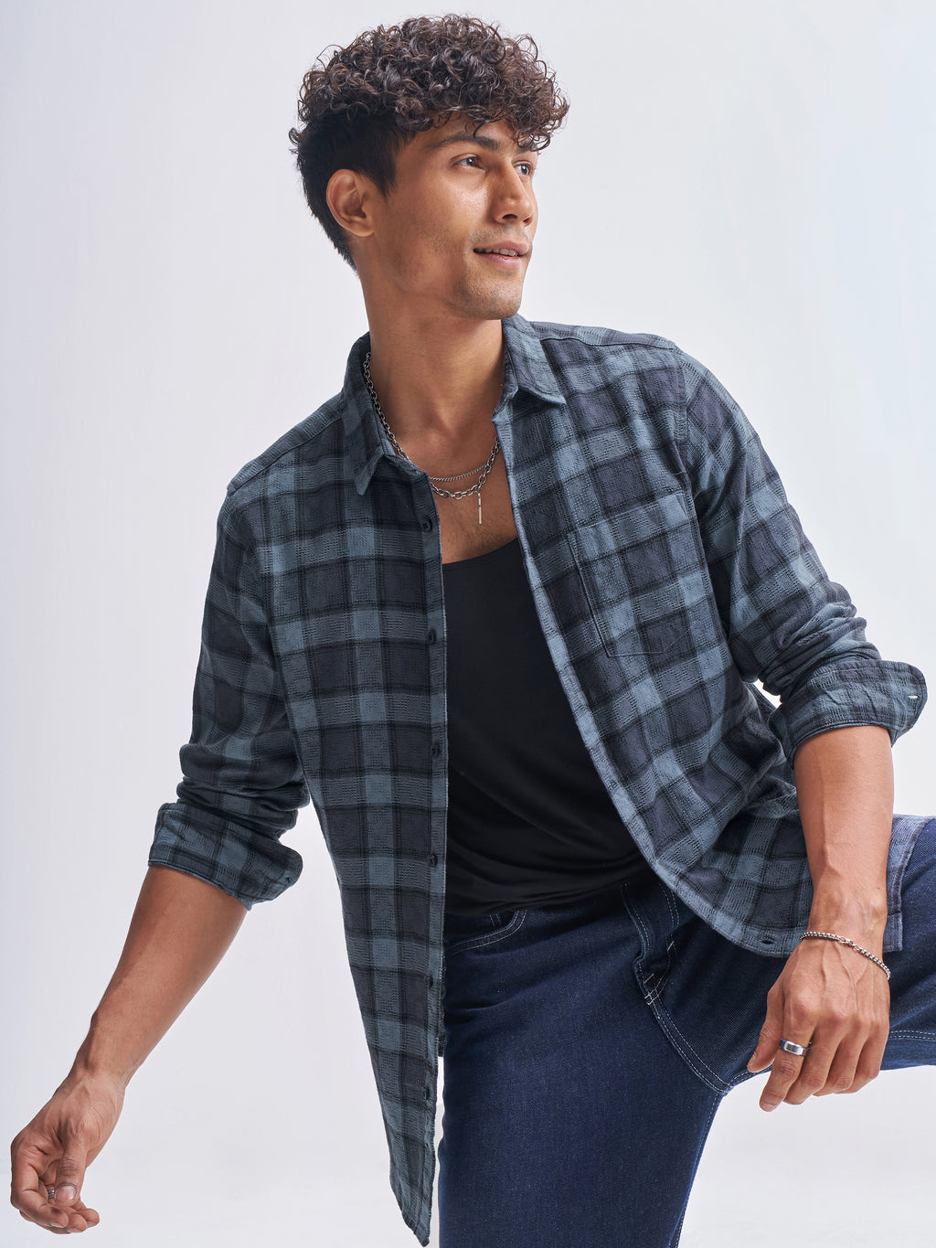 Highlander Men Blue Checked Slim Fit Casual Shirt - Blue - Image 1