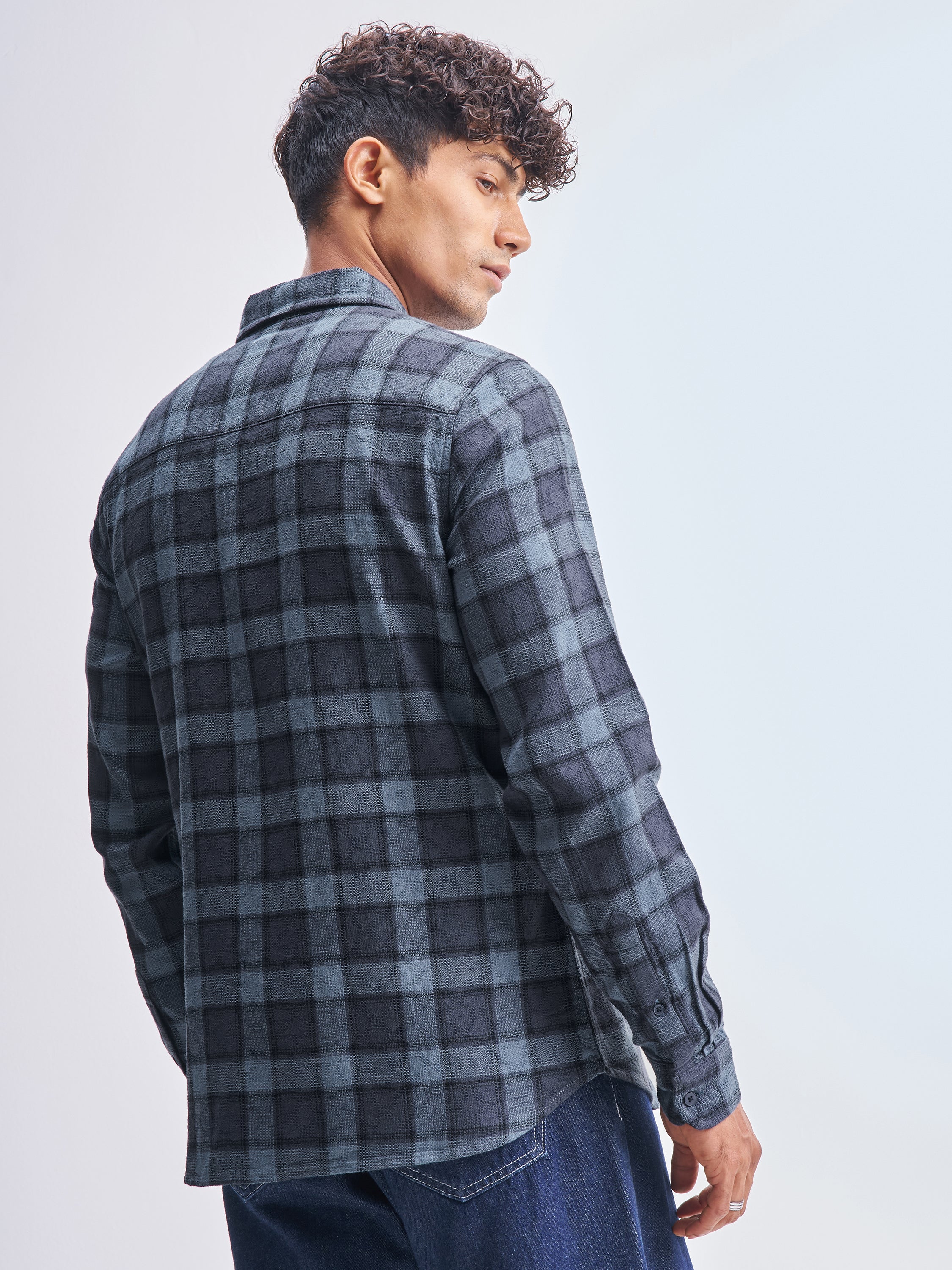 Highlander Men Blue Checked Slim Fit Casual Shirt - Blue - Image 3