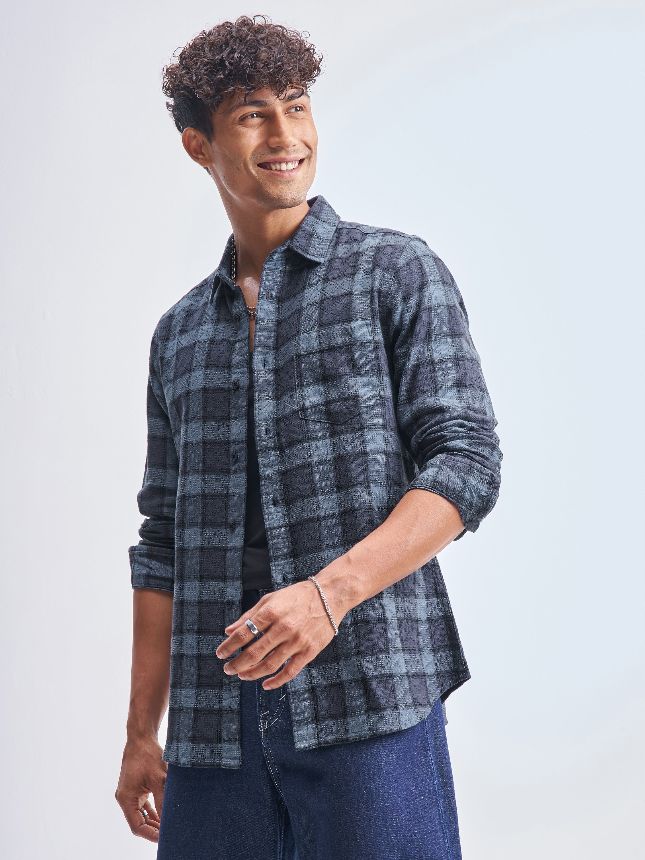 Highlander Men Blue Checked Slim Fit Casual Shirt - Blue - Image 4