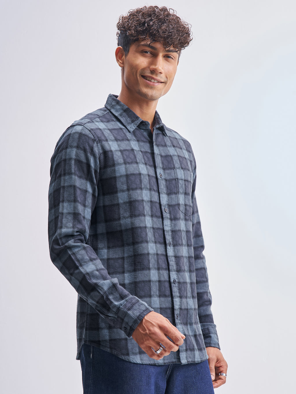 Highlander Men Blue Checked Slim Fit Casual Shirt - Blue - Image 6
