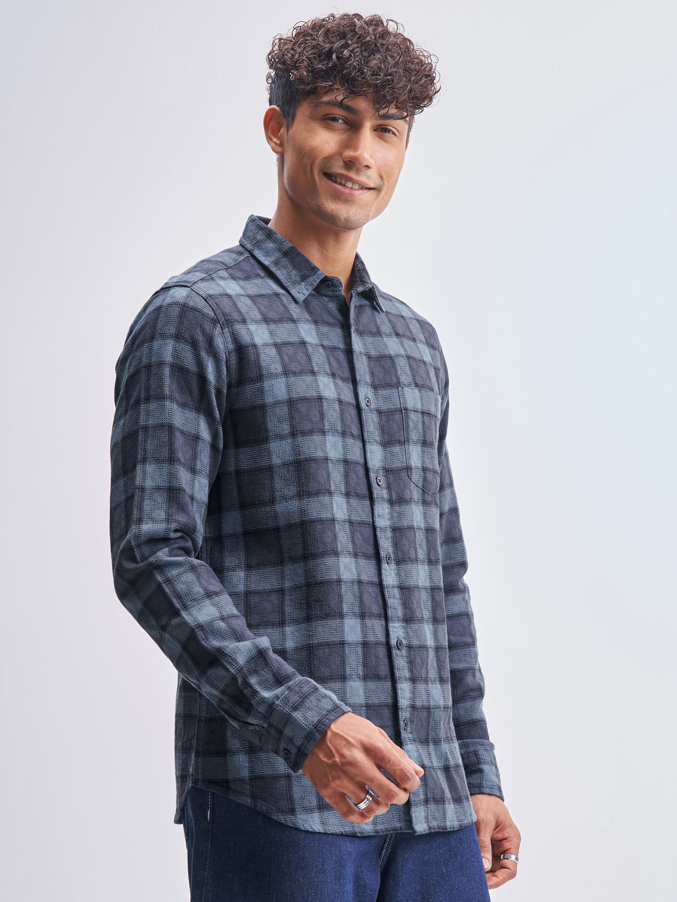 Highlander Men Blue Checked Slim Fit Casual Shirt - Blue - Image 6