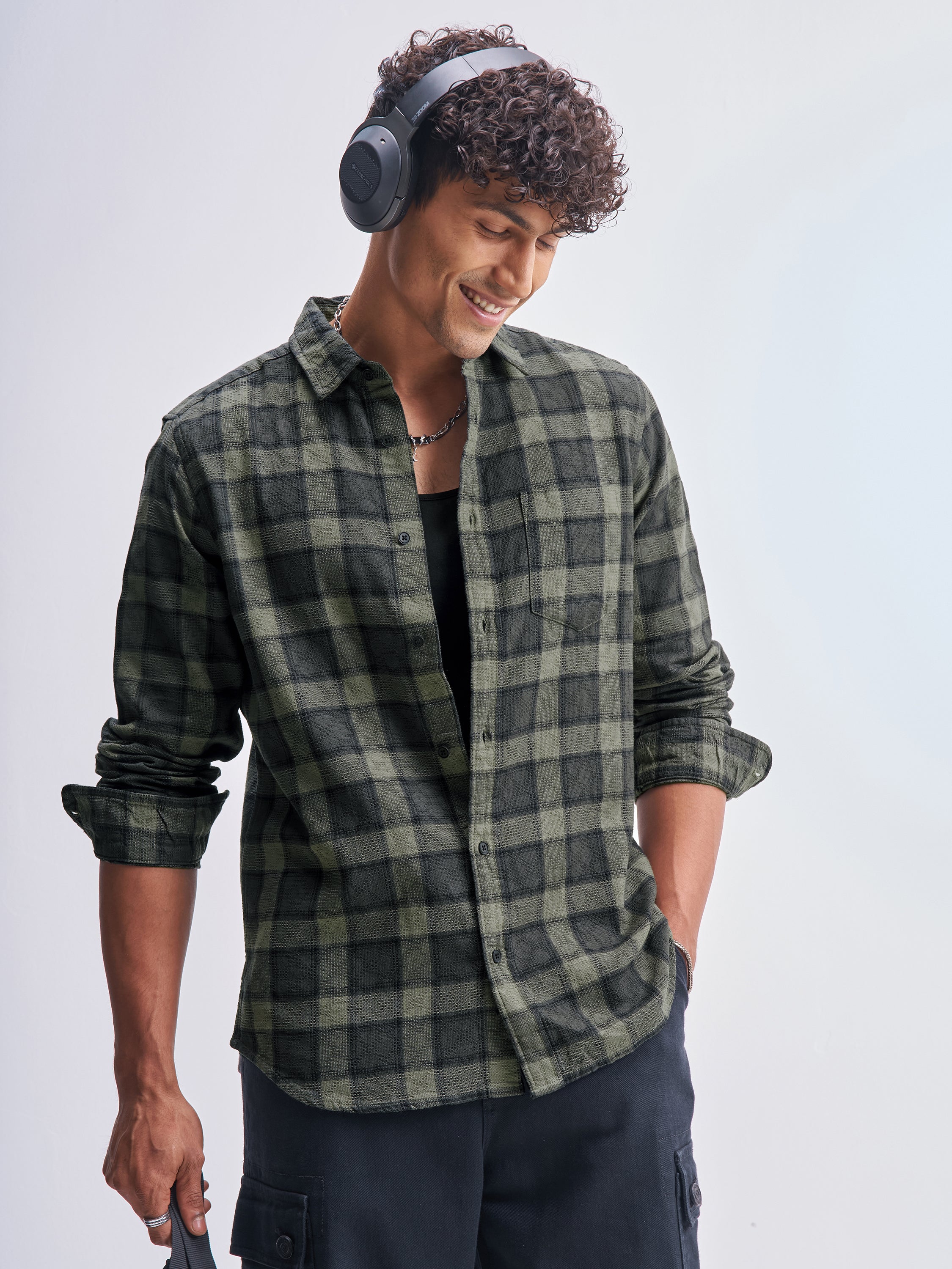 Highlander Men Olive Checked Slim Fit Casual Shirt - Olive - Image 1