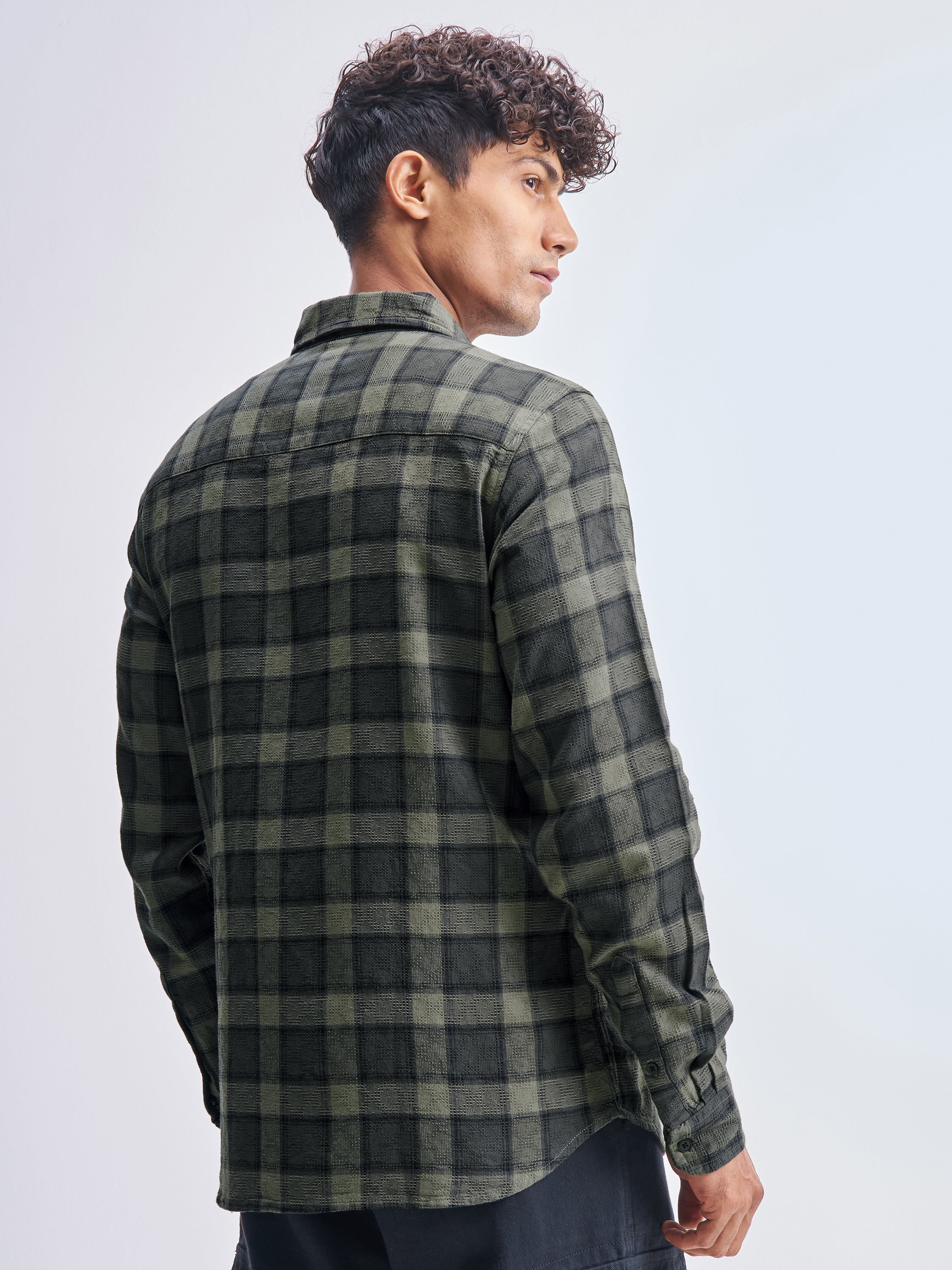 Highlander Men Olive Checked Slim Fit Casual Shirt - Olive - Image 3