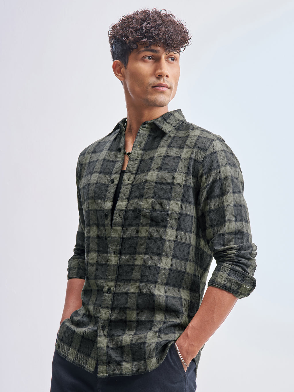 Highlander Men Olive Checked Slim Fit Casual Shirt - Olive - Image 4