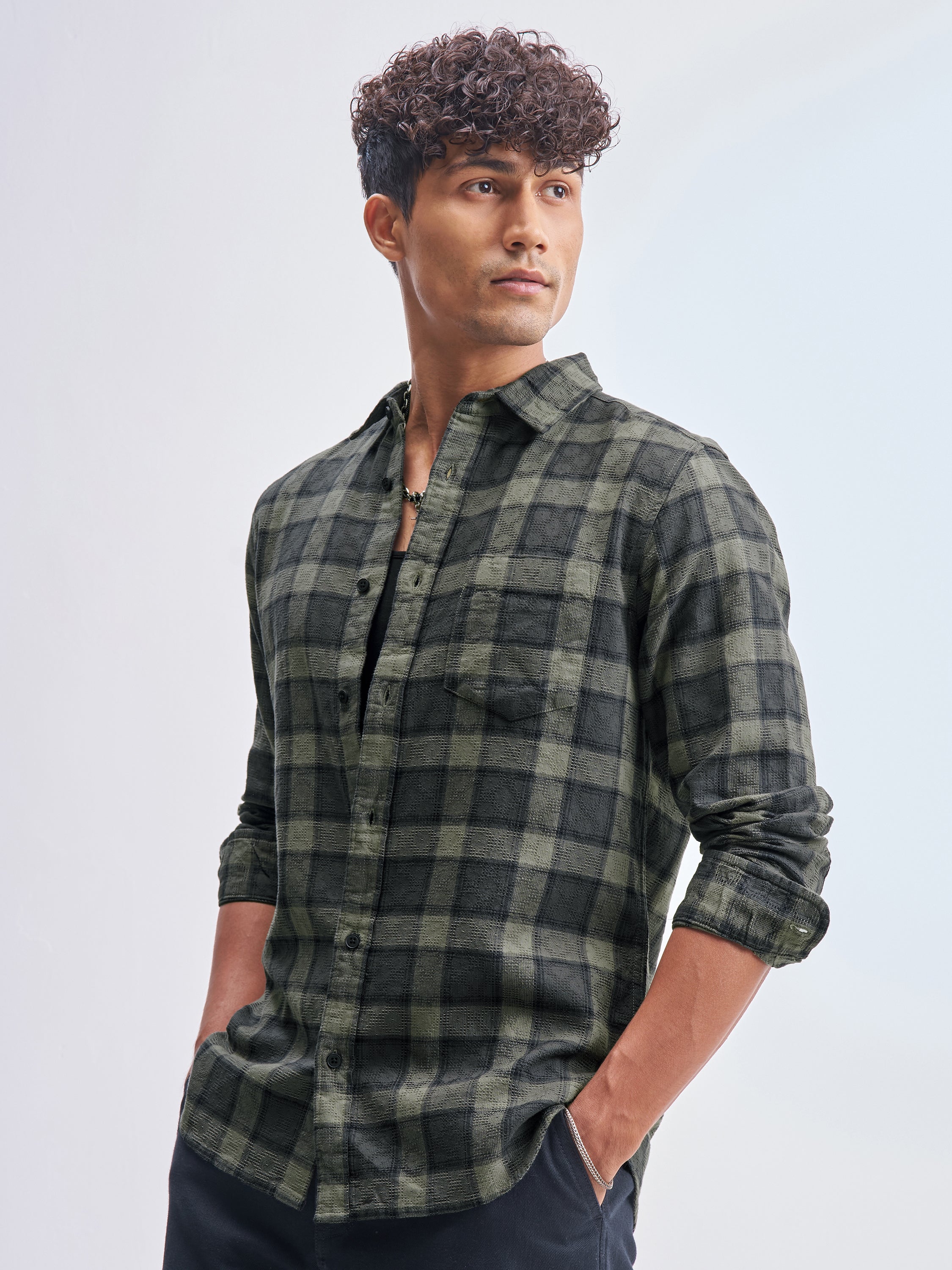Highlander Men Olive Checked Slim Fit Casual Shirt - Olive - Image 4
