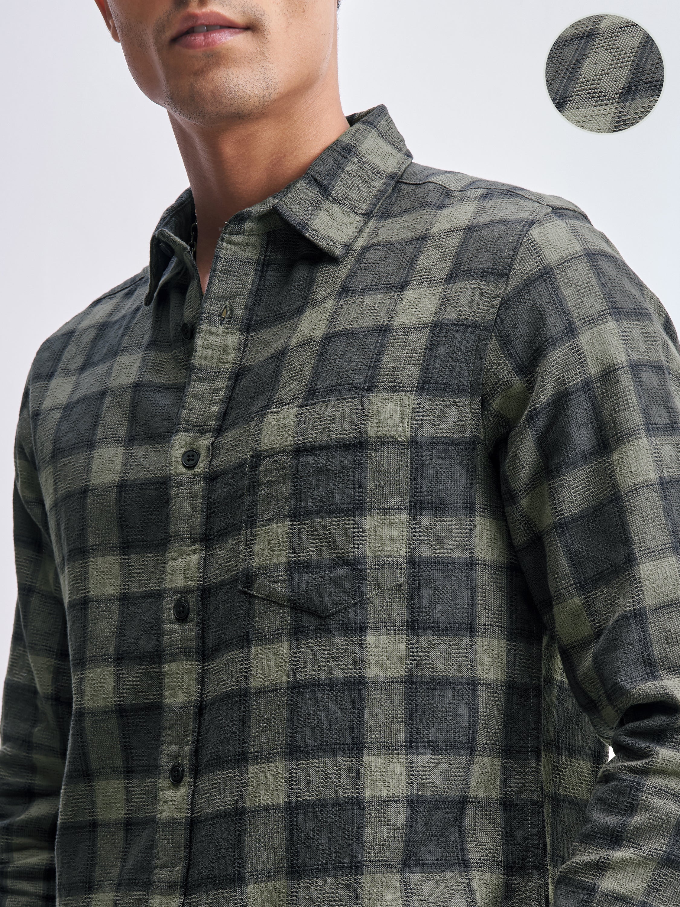 Highlander Men Olive Checked Slim Fit Casual Shirt - Olive - Image 5