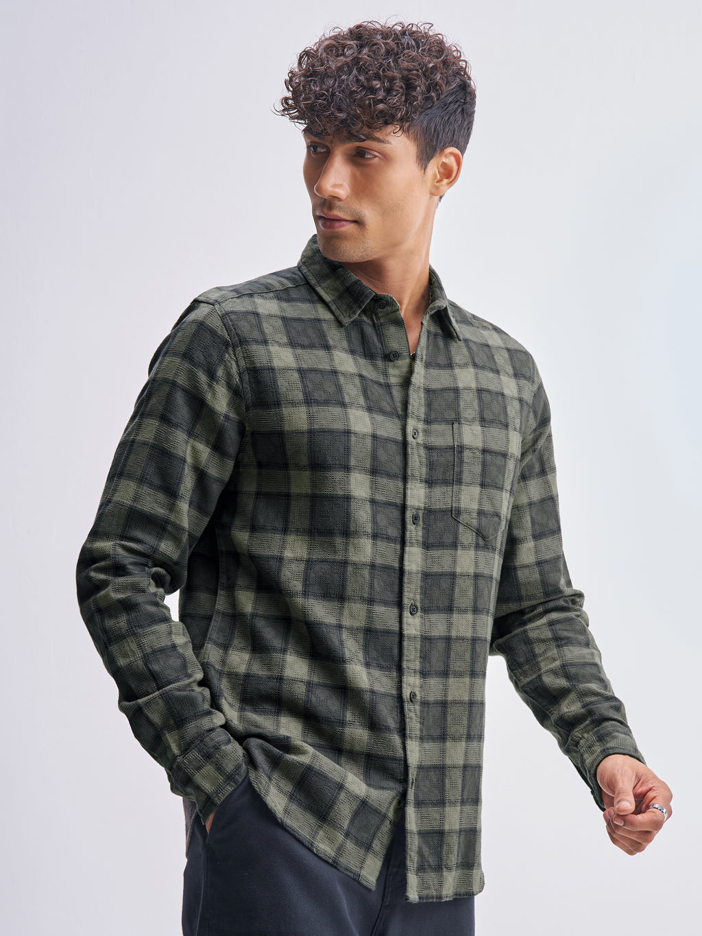 Highlander Men Olive Checked Slim Fit Casual Shirt - Olive - Image 6