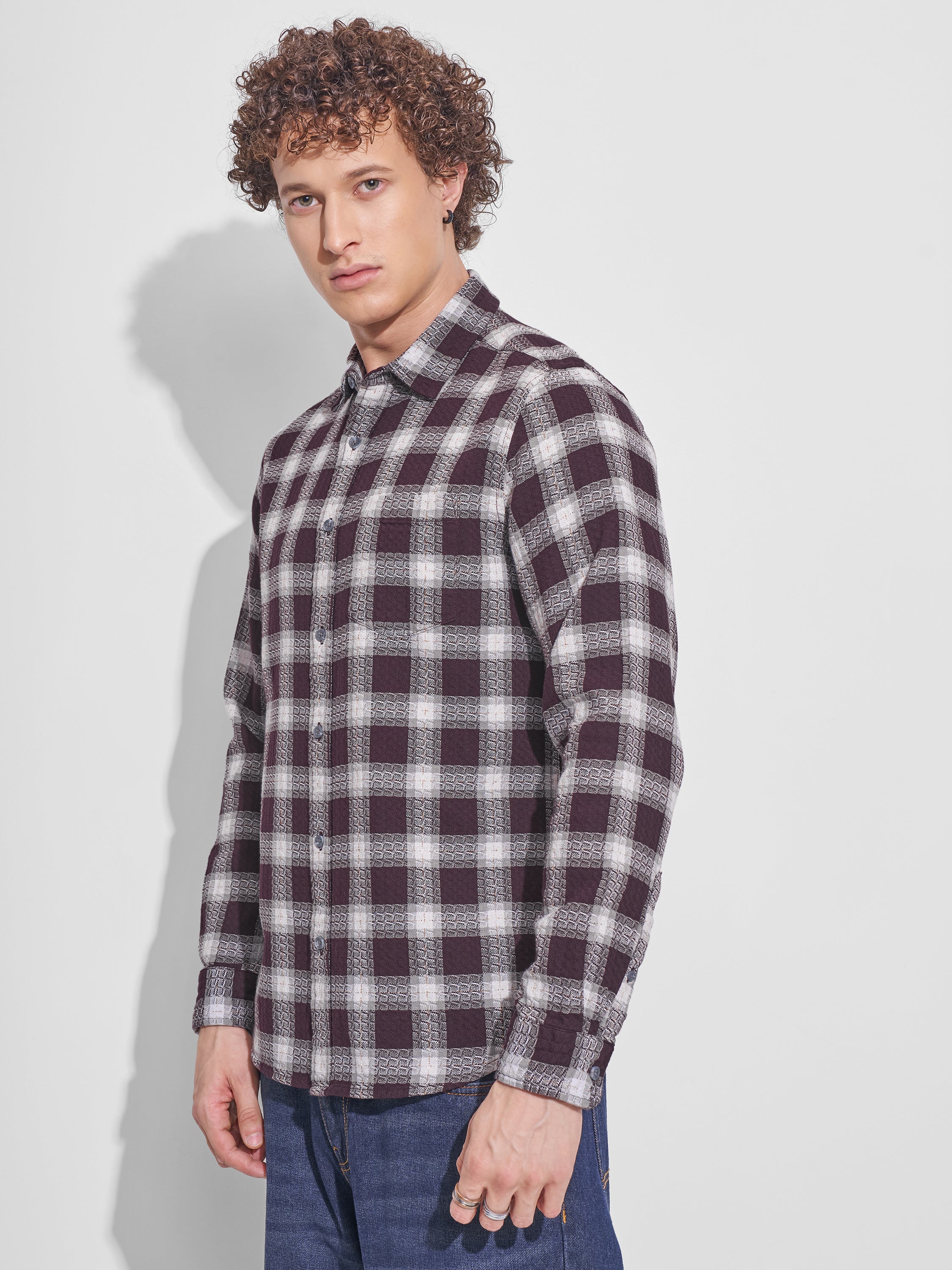 Highlander Men Purple Checked Slim Fit Casual Shirt - Purple - Image 4