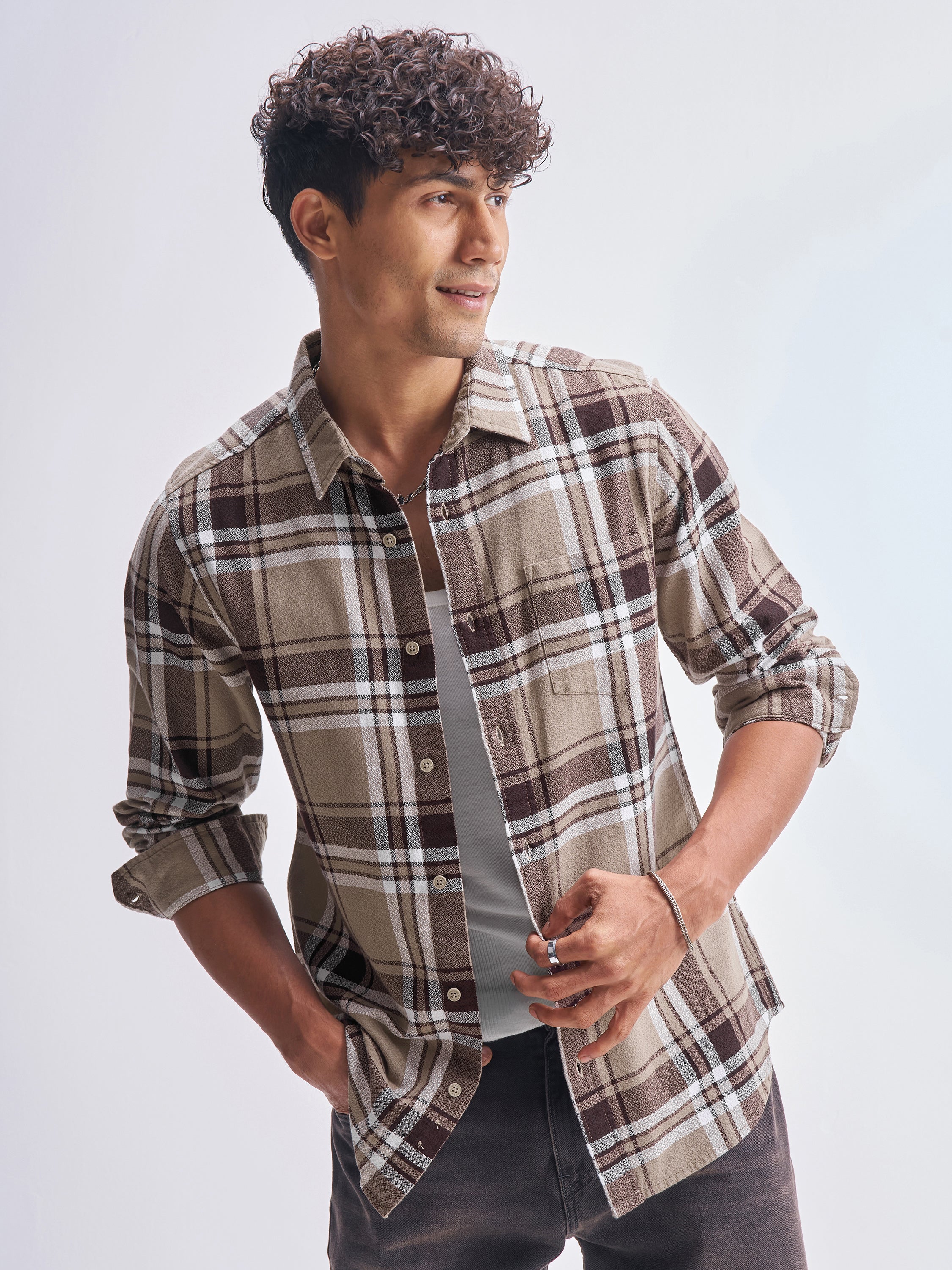 Highlander Men Khaki Checked Slim Fit Casual Shirt - Khaki - Image 1