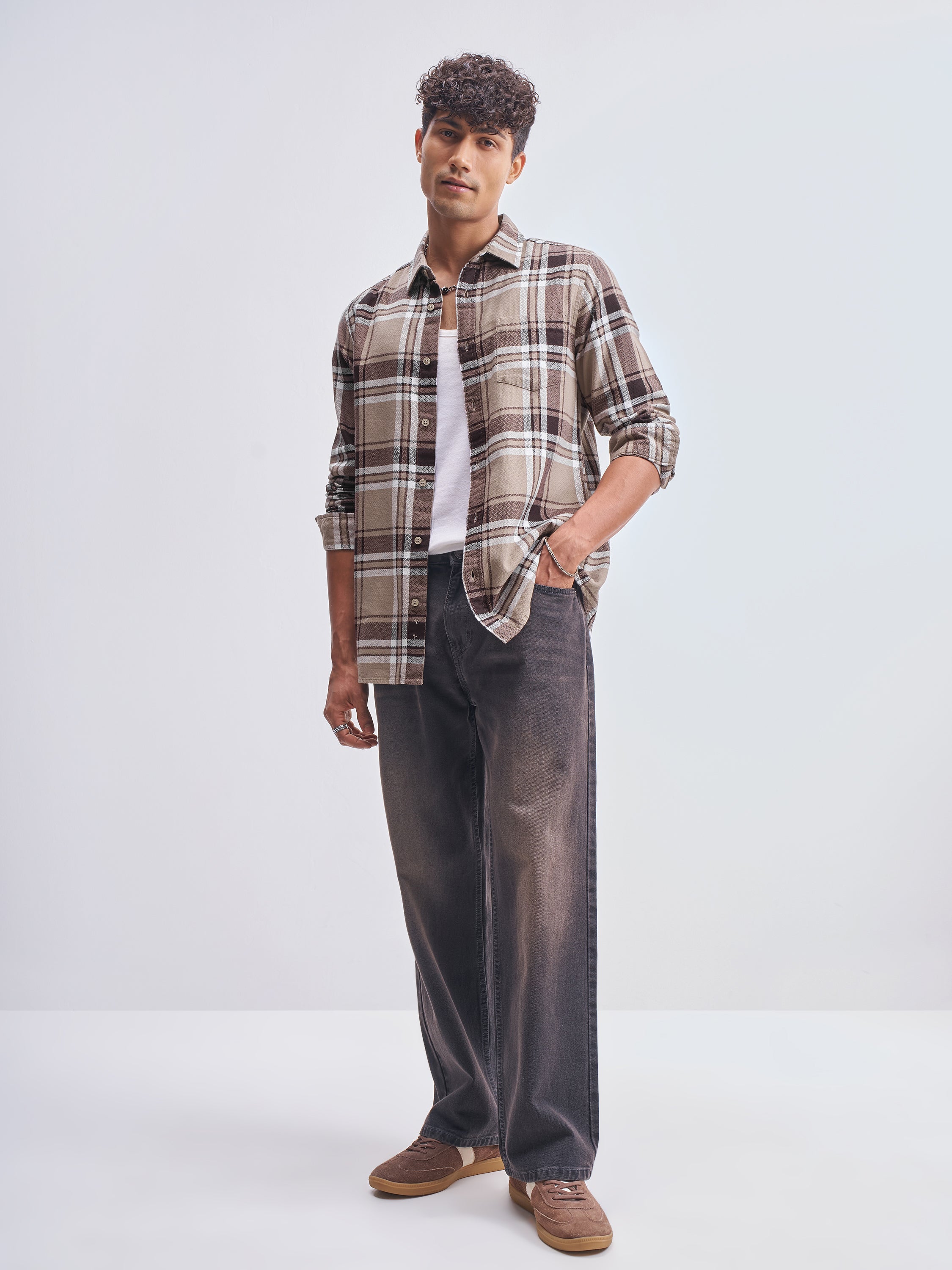 Highlander Men Khaki Checked Slim Fit Casual Shirt - Khaki - Image 2
