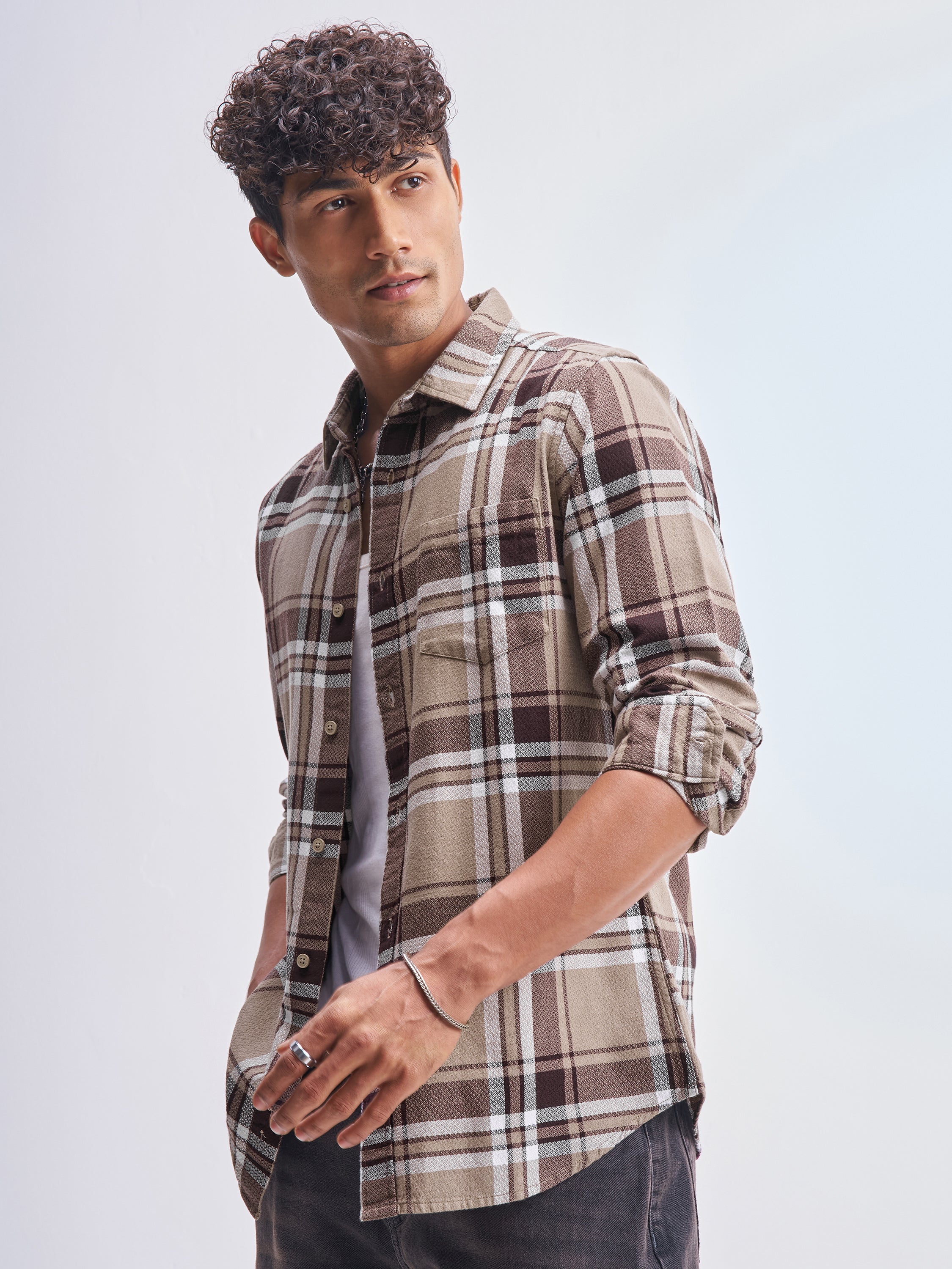 Highlander Men Khaki Checked Slim Fit Casual Shirt - Khaki - Image 4