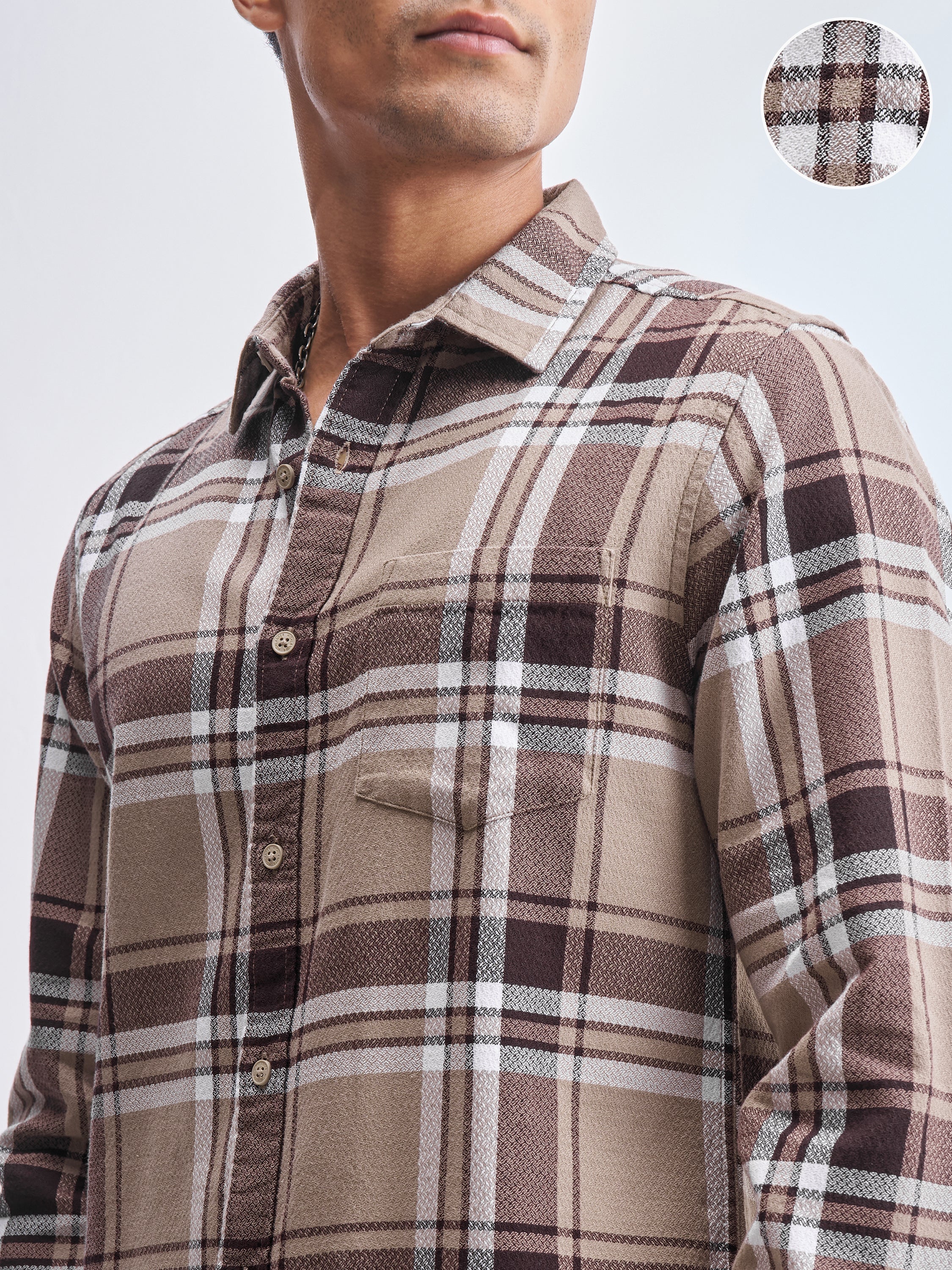 Highlander Men Khaki Checked Slim Fit Casual Shirt - Khaki - Image 5