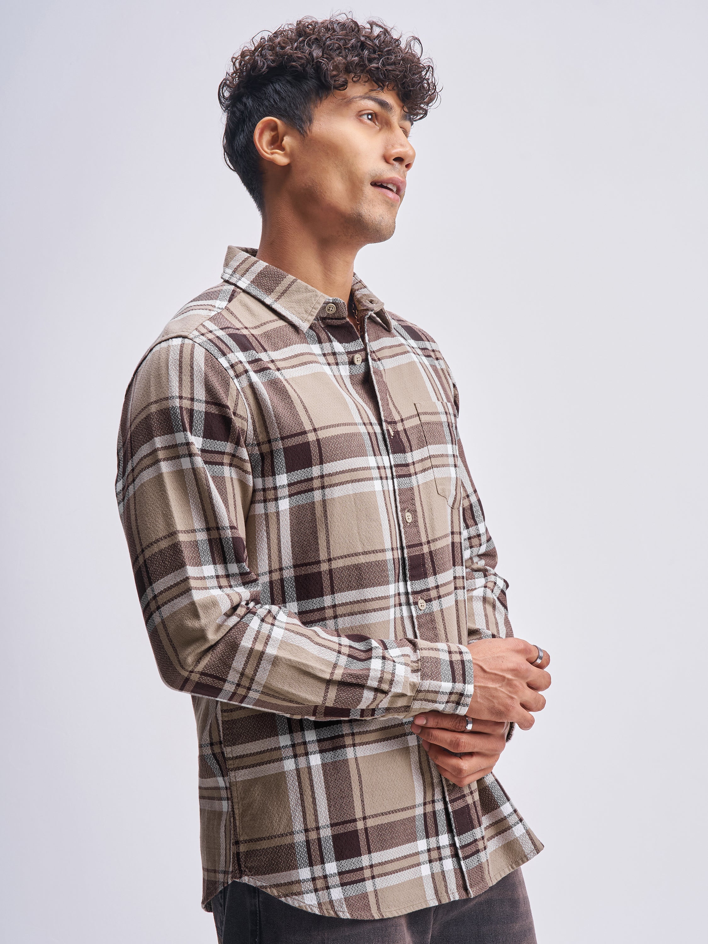 Highlander Men Khaki Checked Slim Fit Casual Shirt - Khaki - Image 6