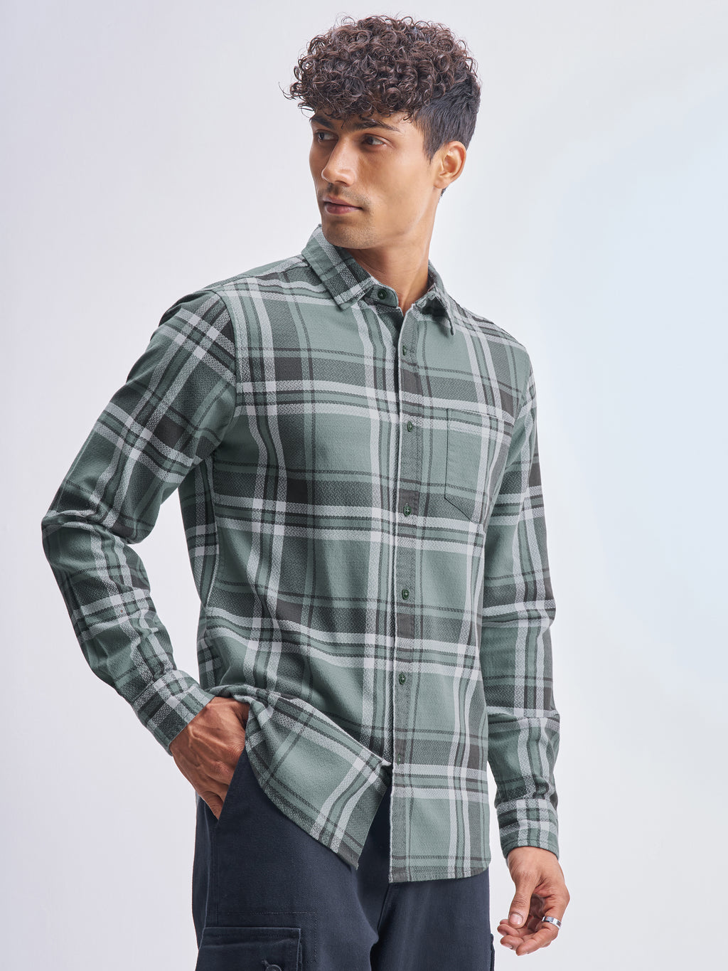 Highlander Men Green Checked Slim Fit Casual Shirt - Green - Image 6