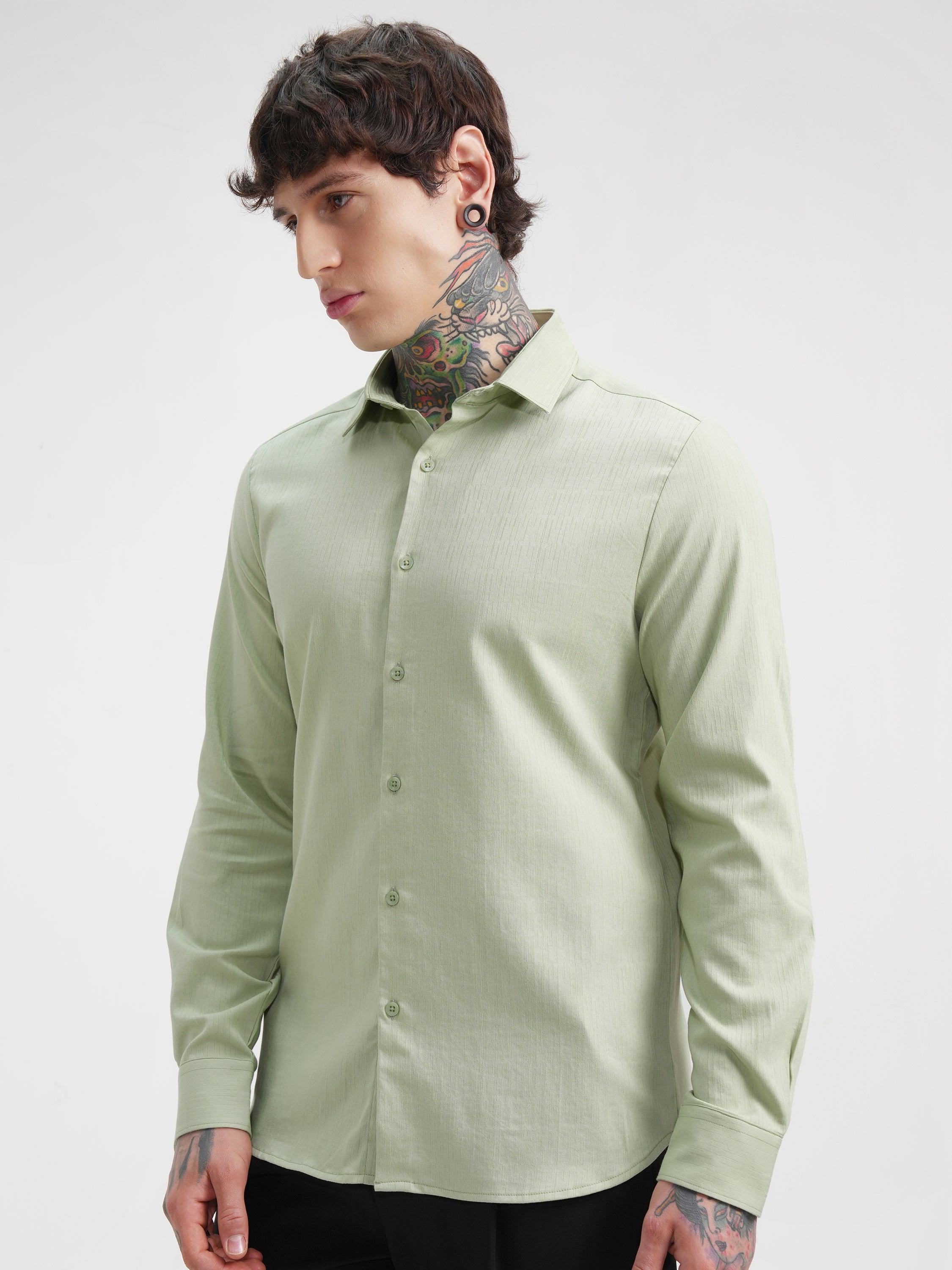 Highlander Men Green Self Design Slim Fit Casual Shirt - Green - Image 4