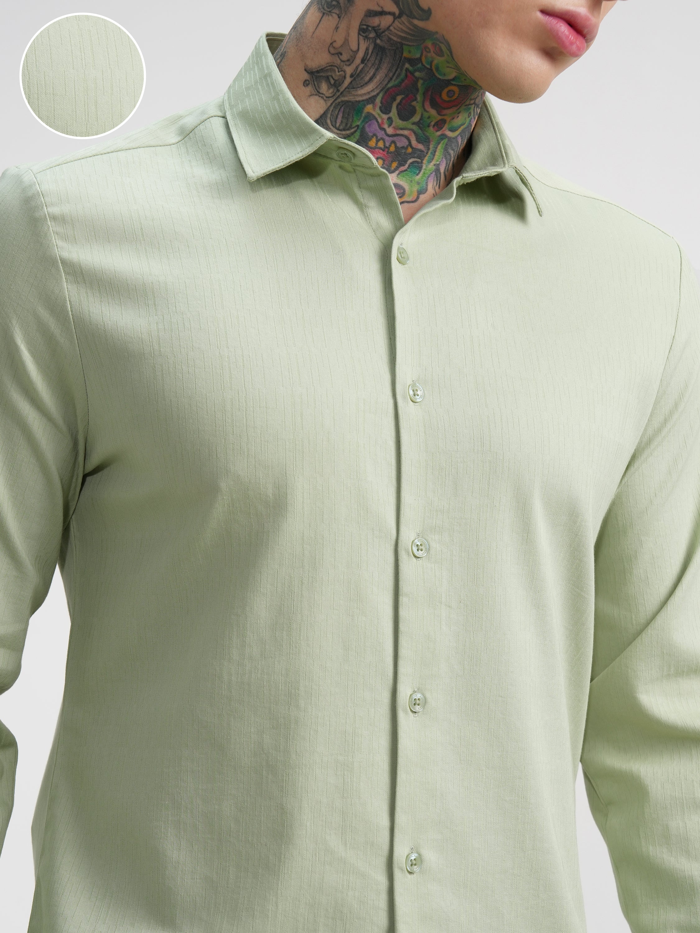 Highlander Men Green Self Design Slim Fit Casual Shirt - Green - Image 5