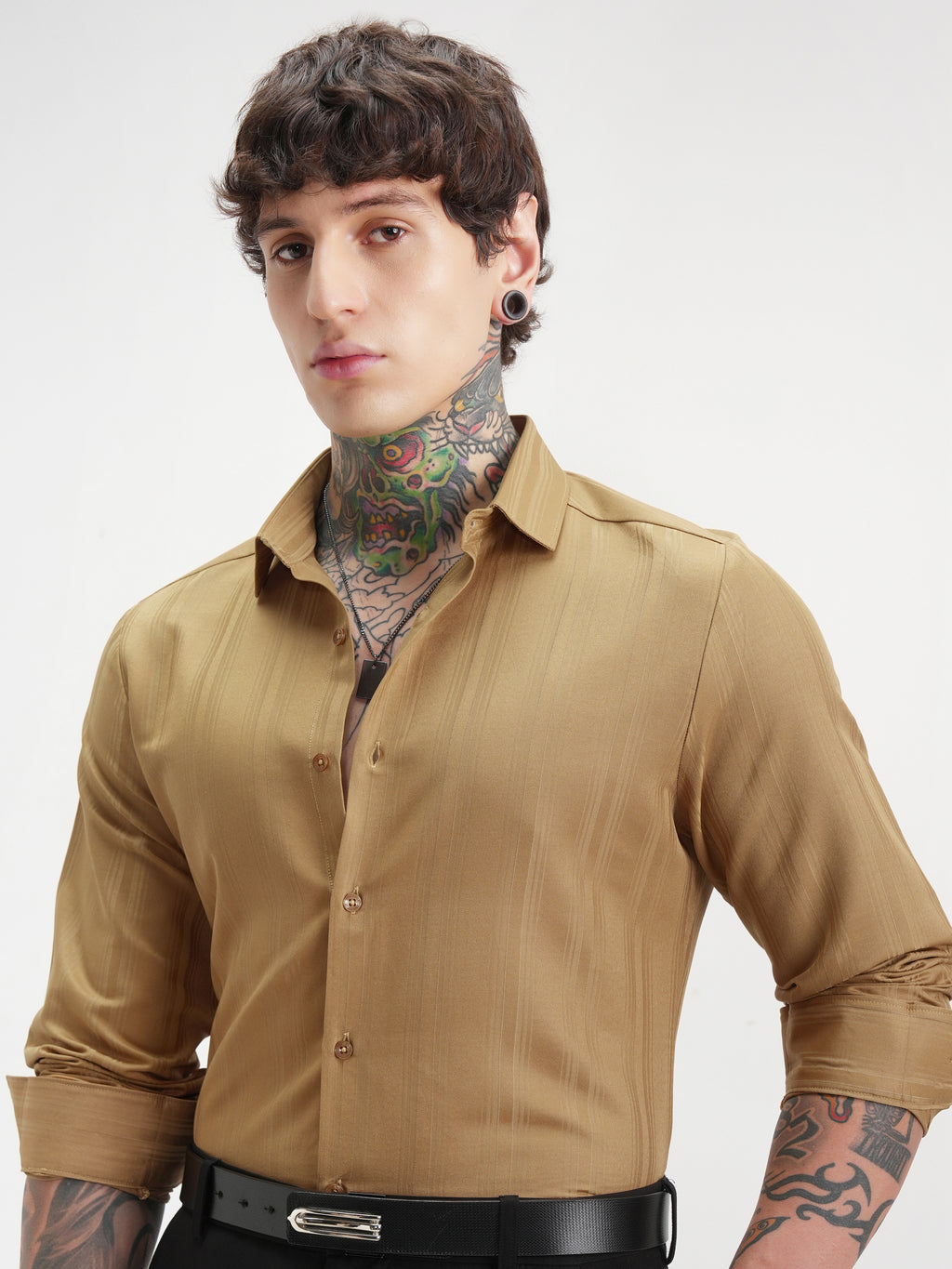 Highlander Men Mustard Self Design Slim Fit Casual Shirt - Mustard - Image 1