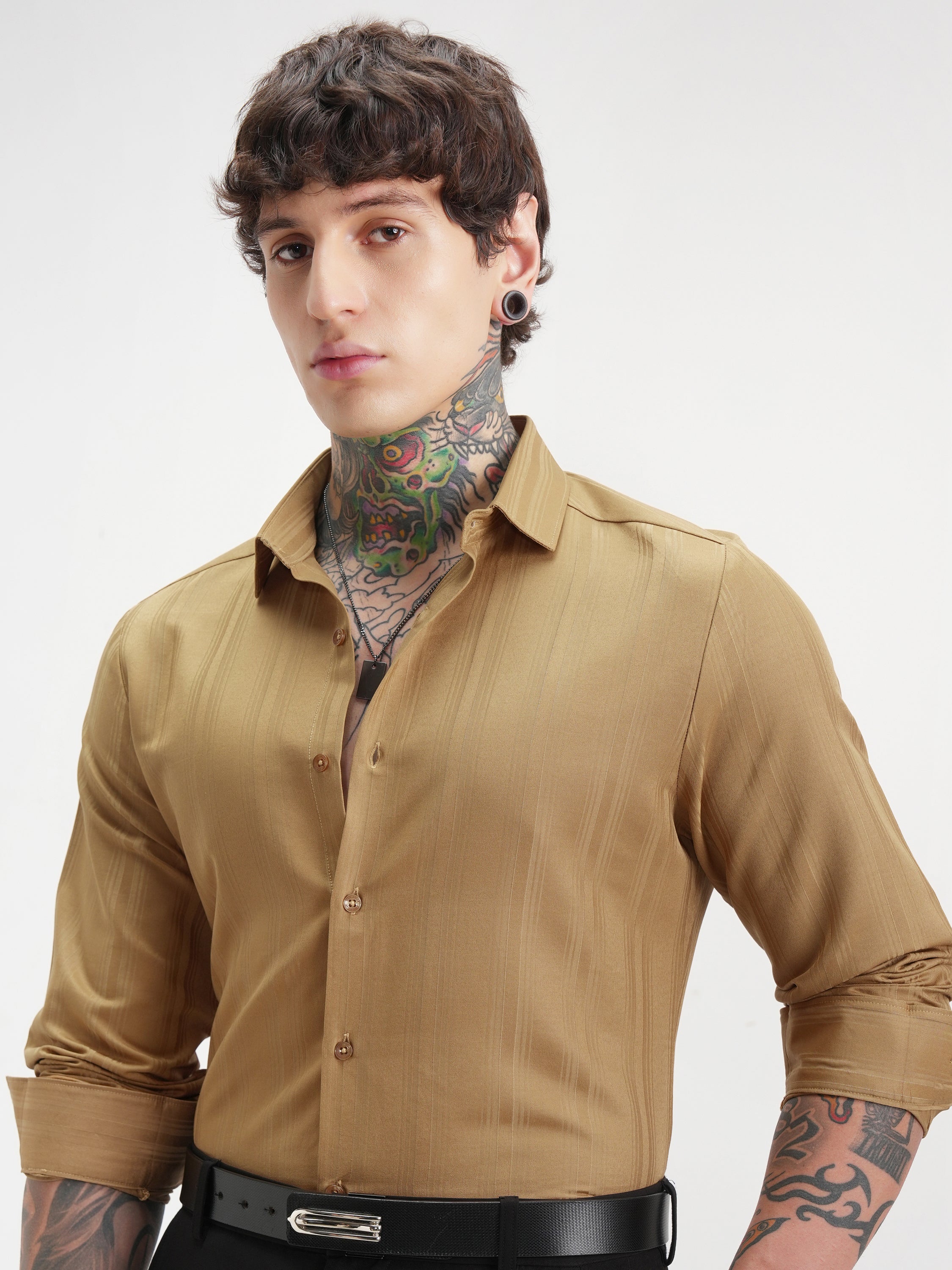 Highlander Men Mustard Self Design Slim Fit Casual Shirt - Mustard - Image 1