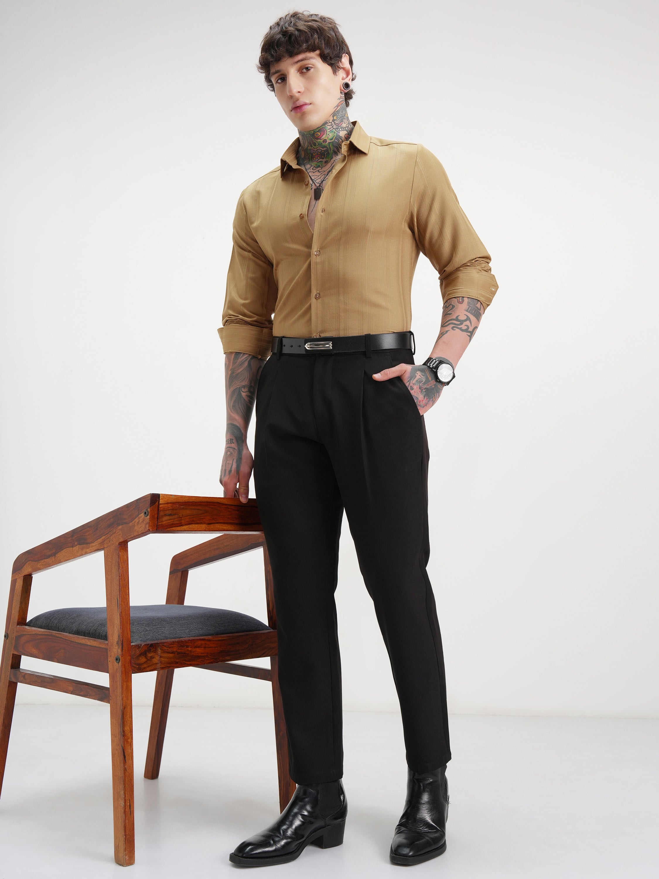 Highlander Men Mustard Self Design Slim Fit Casual Shirt - Mustard - Image 2