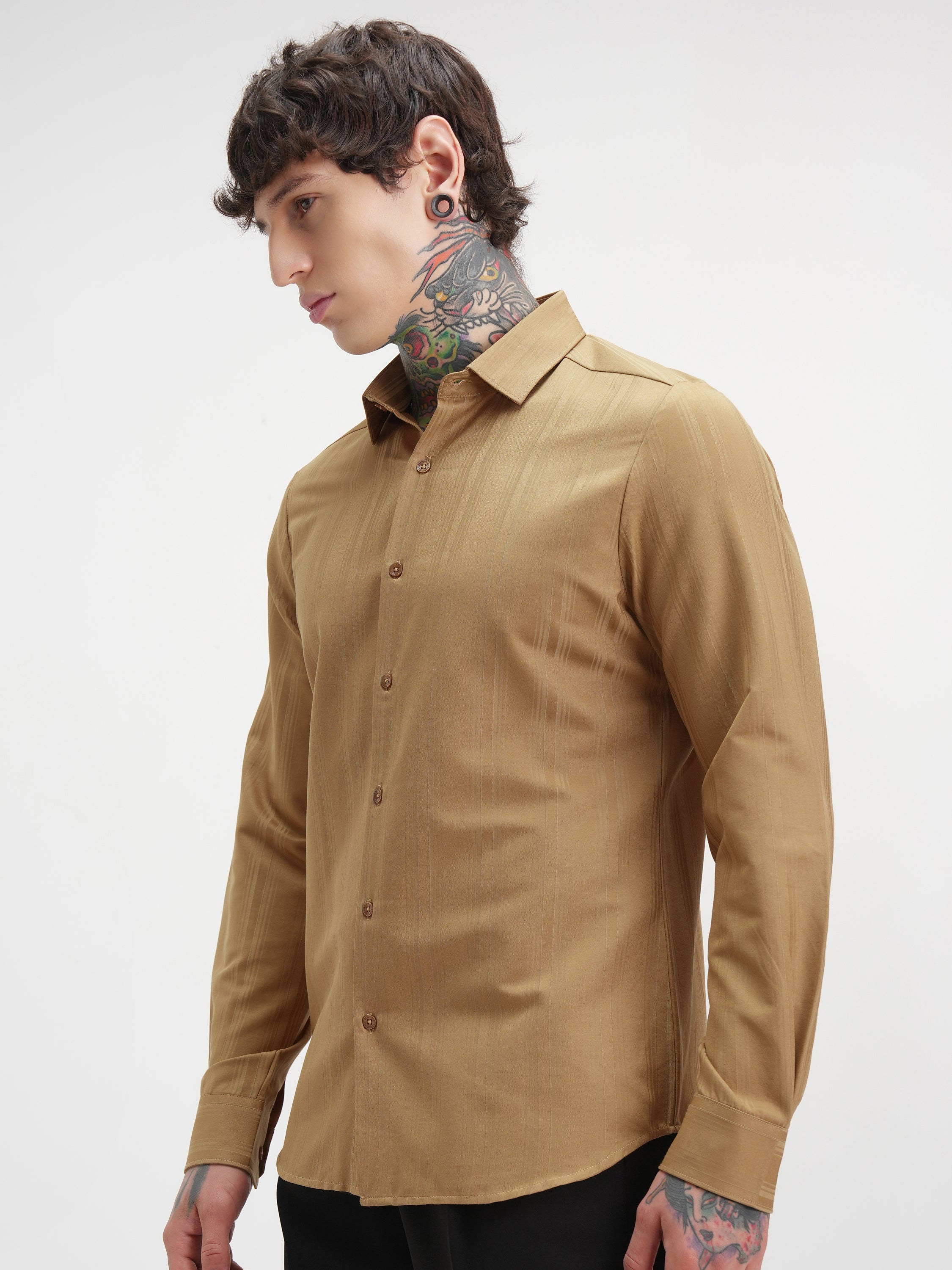 Highlander Men Mustard Self Design Slim Fit Casual Shirt - Mustard - Image 4