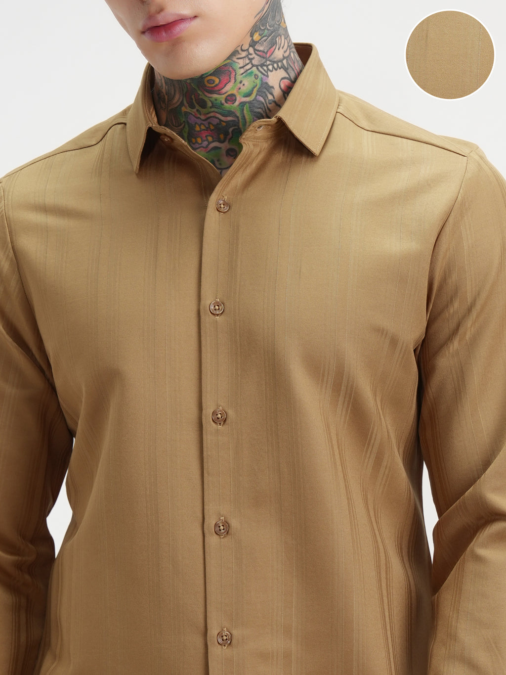 Highlander Men Mustard Self Design Slim Fit Casual Shirt - Mustard - Image 5