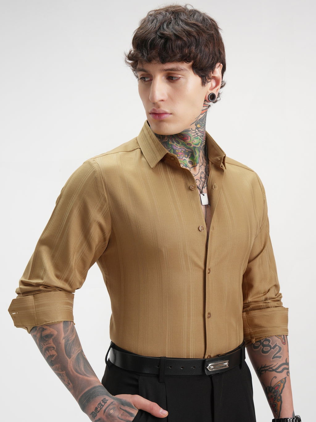 Highlander Men Mustard Self Design Slim Fit Casual Shirt - Mustard - Image 6
