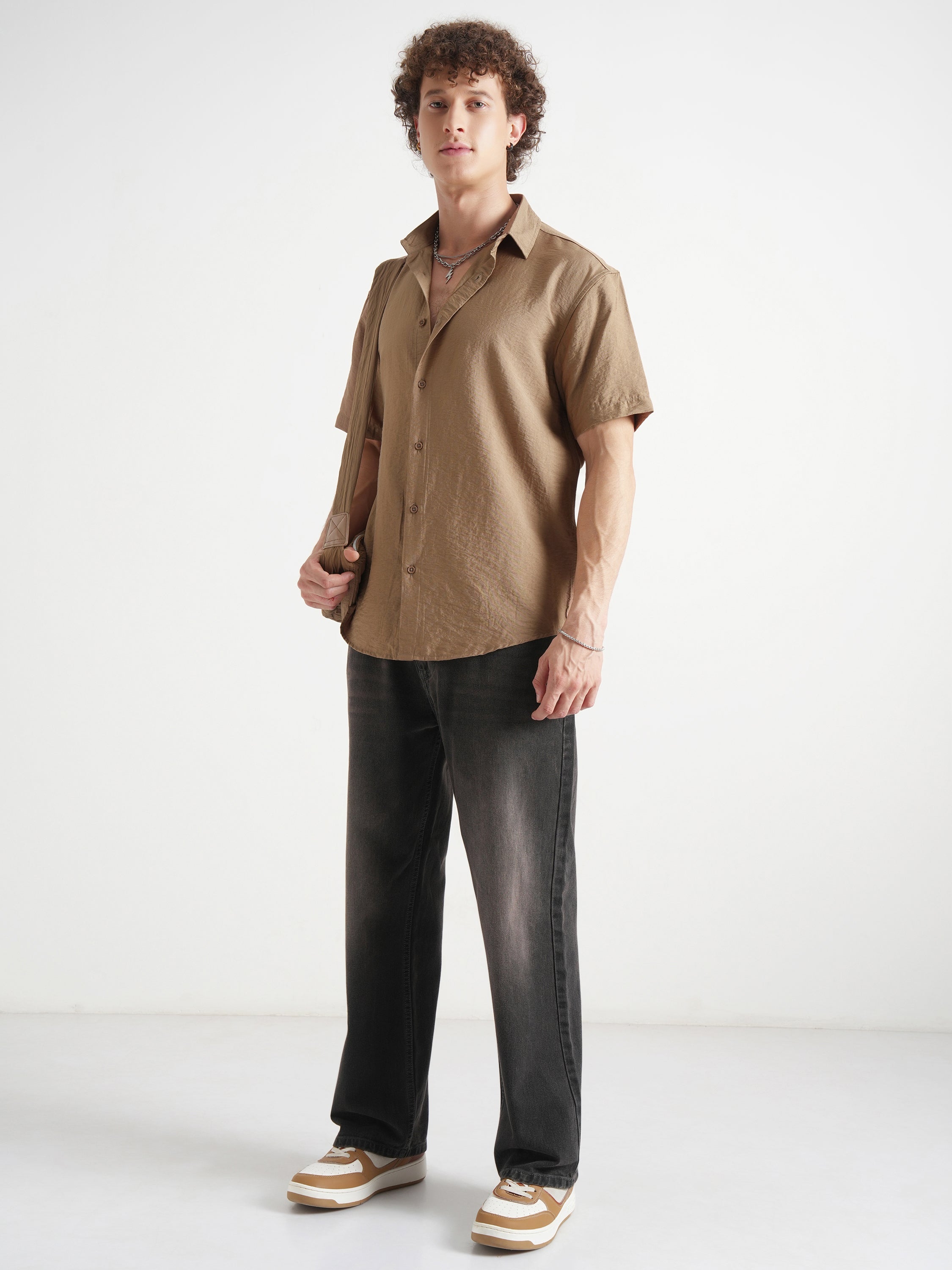 Highlander Men Khaki Self Design Relaxed Fit Casual Shirt - Khaki - Image 2