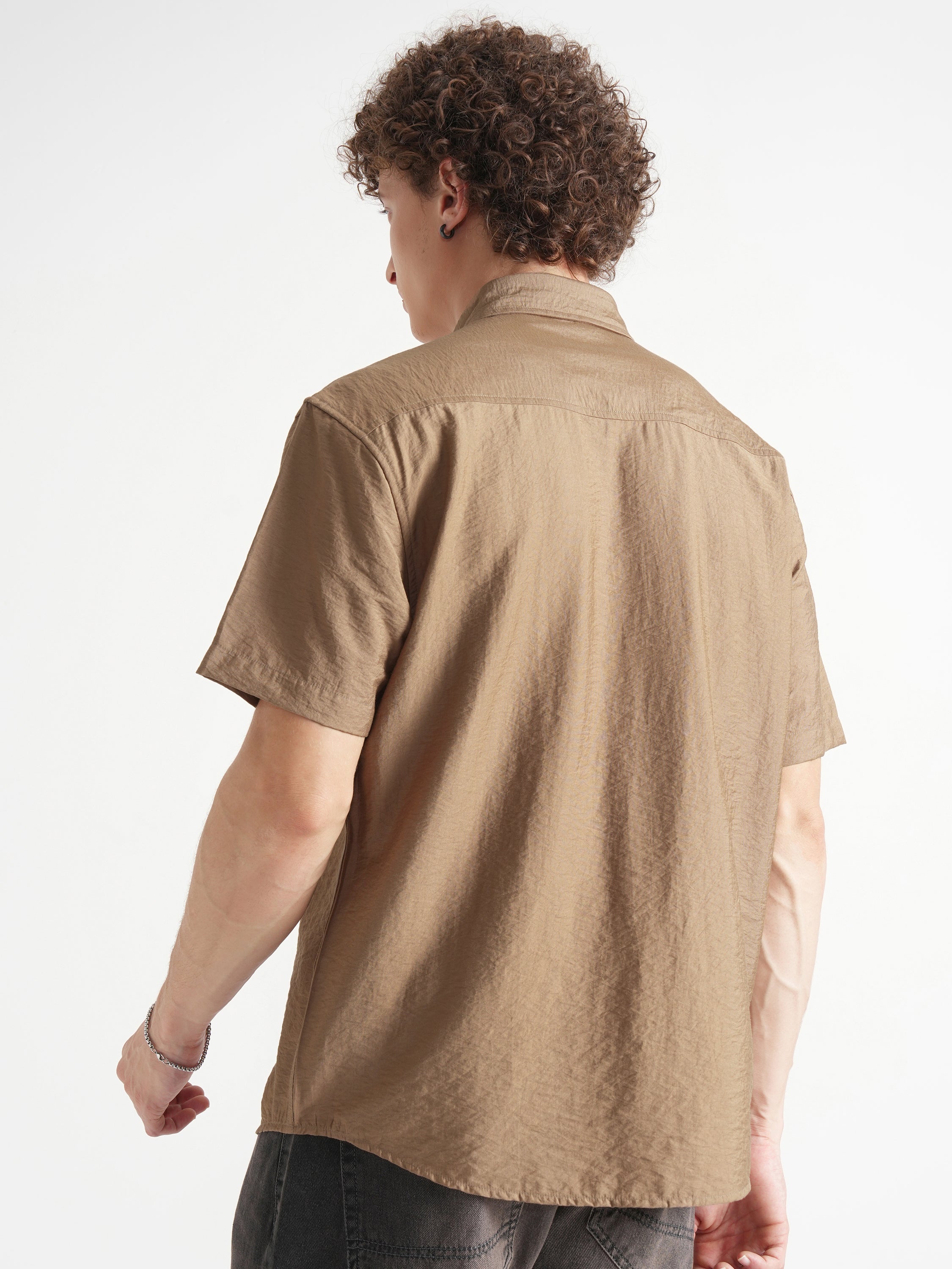 Highlander Men Khaki Self Design Relaxed Fit Casual Shirt - Khaki - Image 3