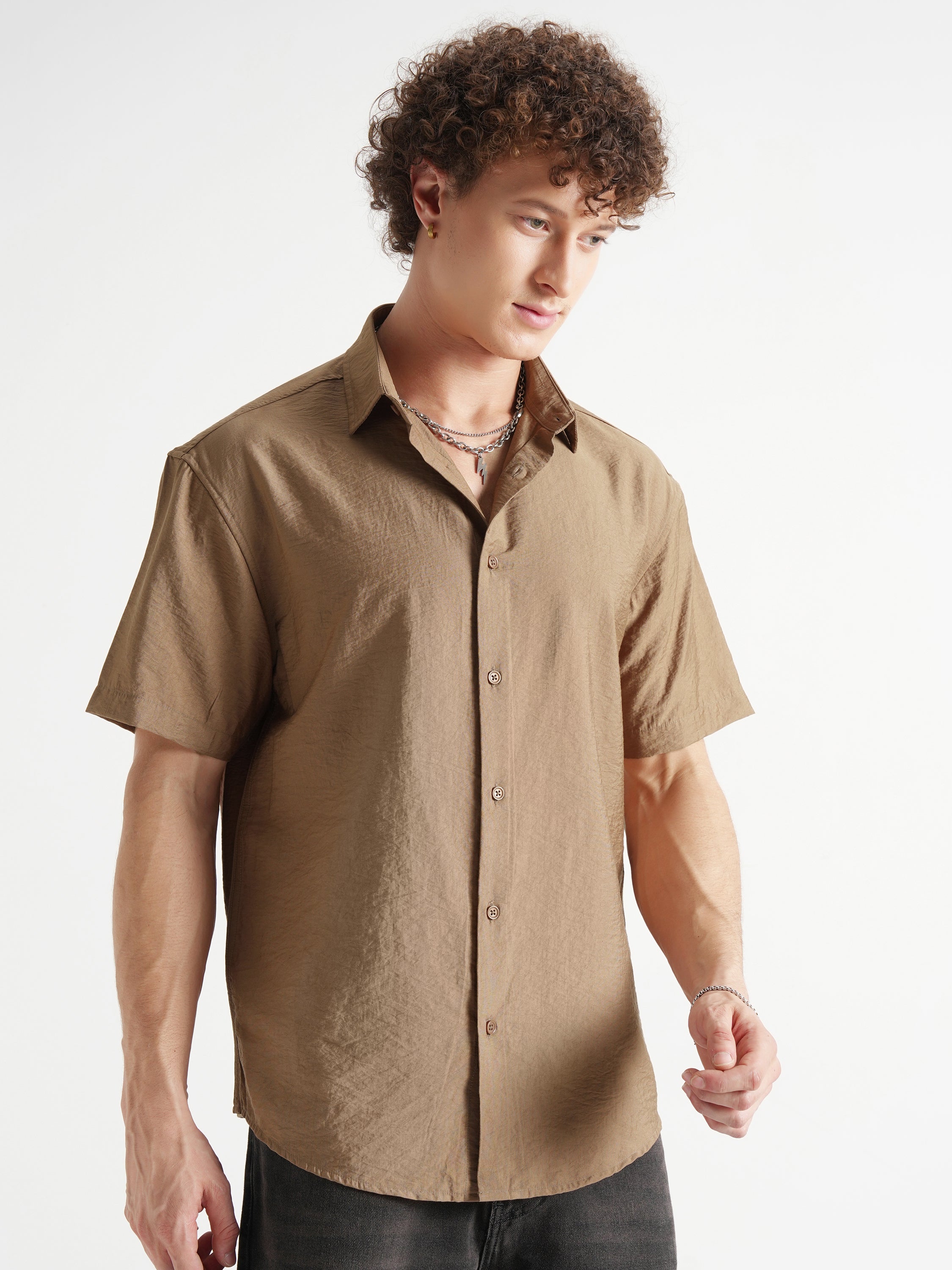 Highlander Men Khaki Self Design Relaxed Fit Casual Shirt - Khaki - Image 6
