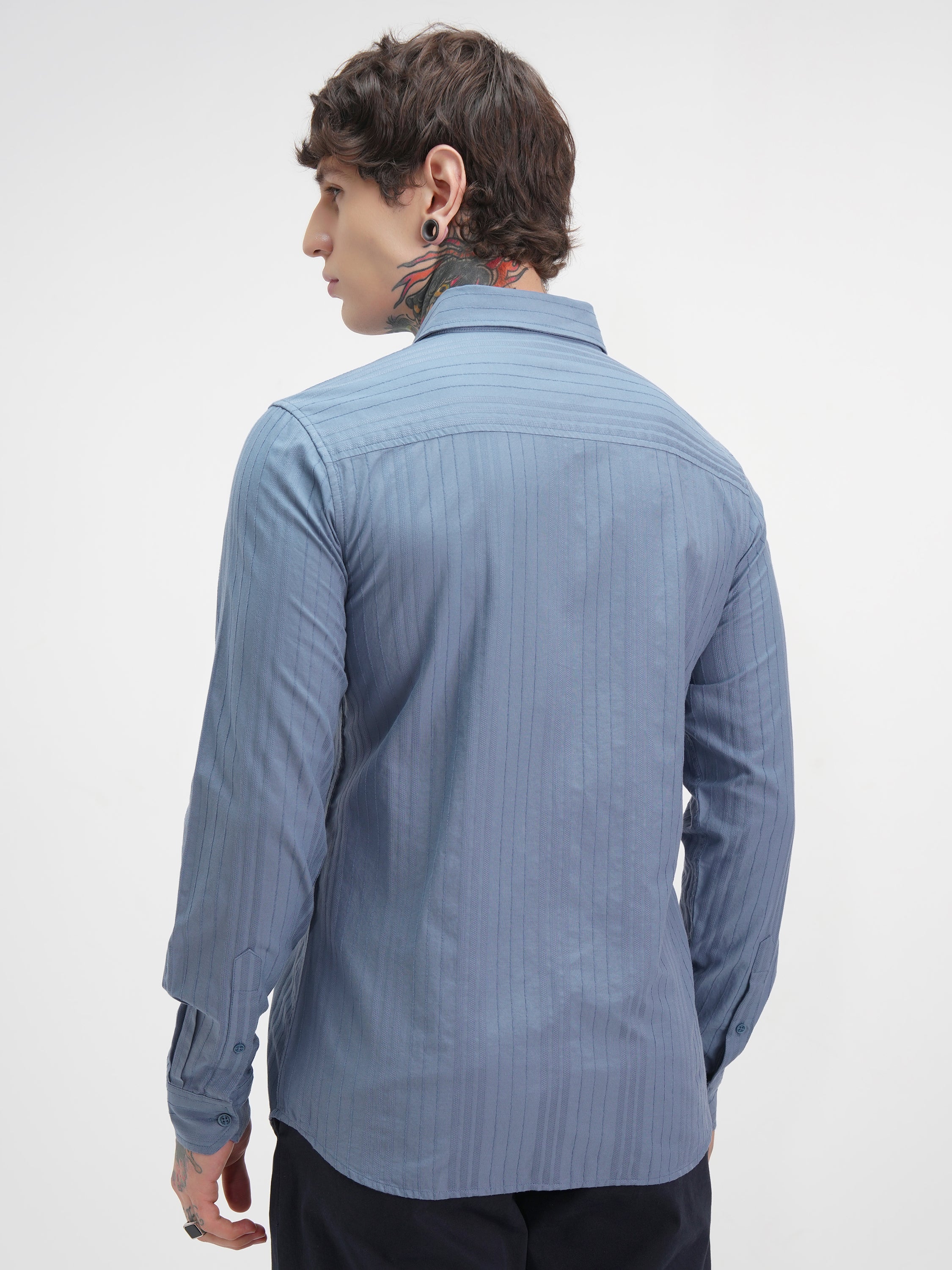 Highlander Men Blue Self Design Relaxed Fit Casual Shirt - Blue - Image 3