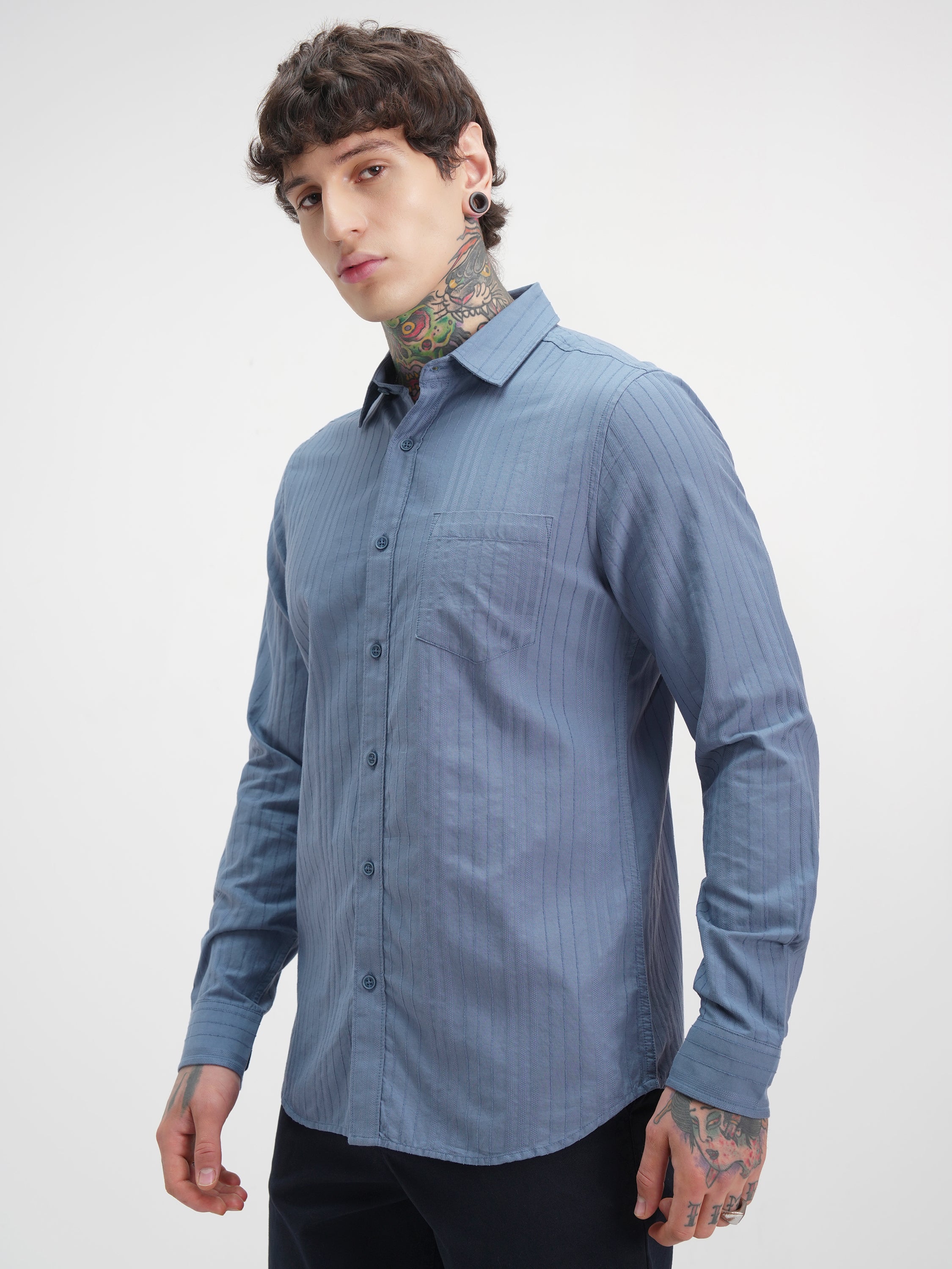 Highlander Men Blue Self Design Relaxed Fit Casual Shirt - Blue - Image 4