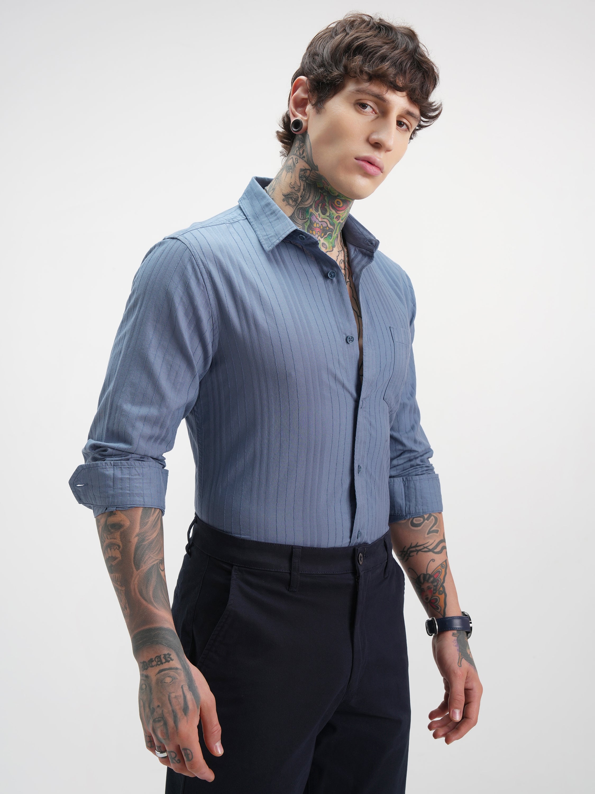 Highlander Men Blue Self Design Relaxed Fit Casual Shirt - Blue - Image 6