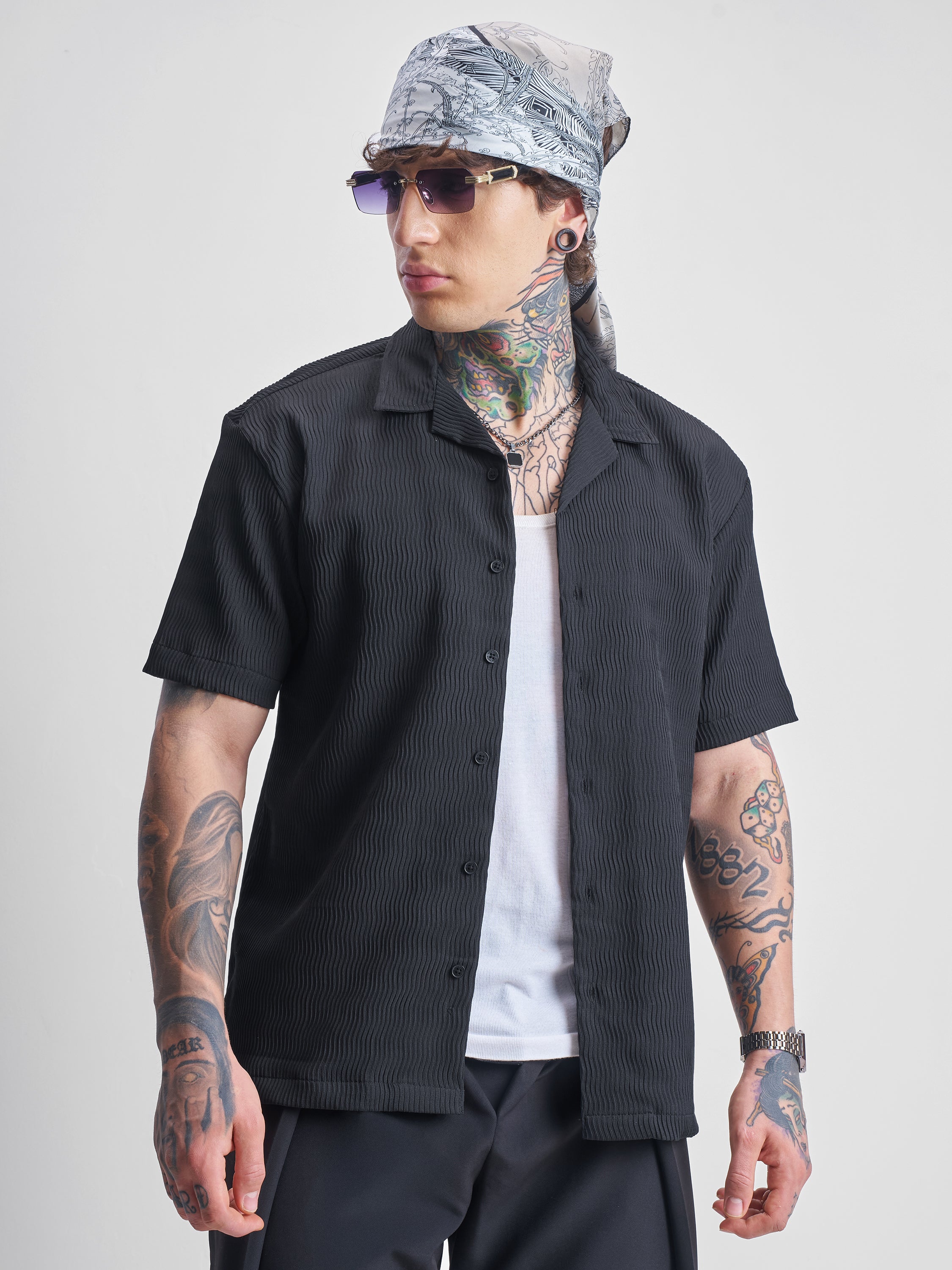 Highlander Men Black Self Design Relaxed Fit Casual Shirt - Black - Image 1