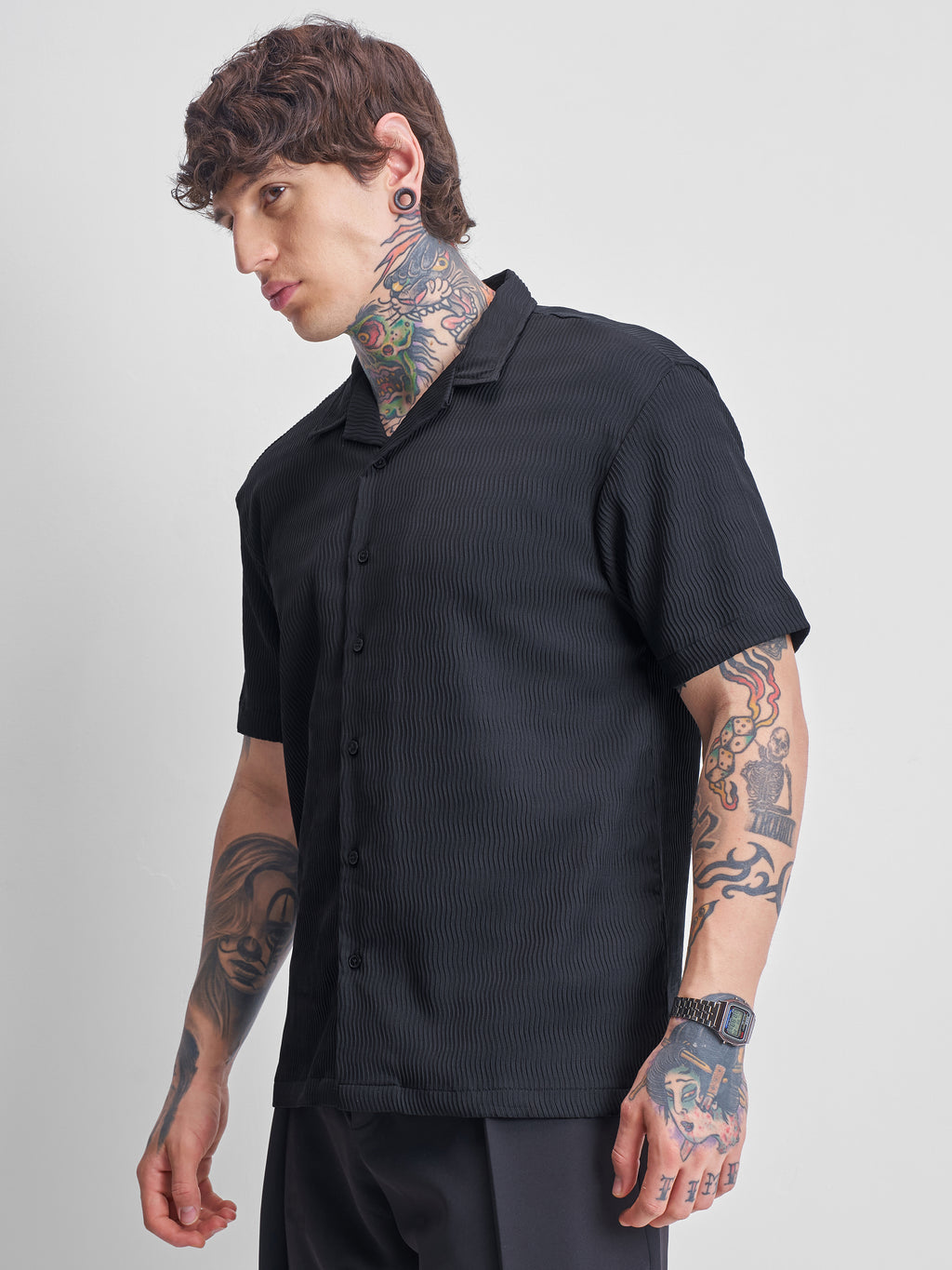 Highlander Men Black Self Design Relaxed Fit Casual Shirt - Black - Image 4
