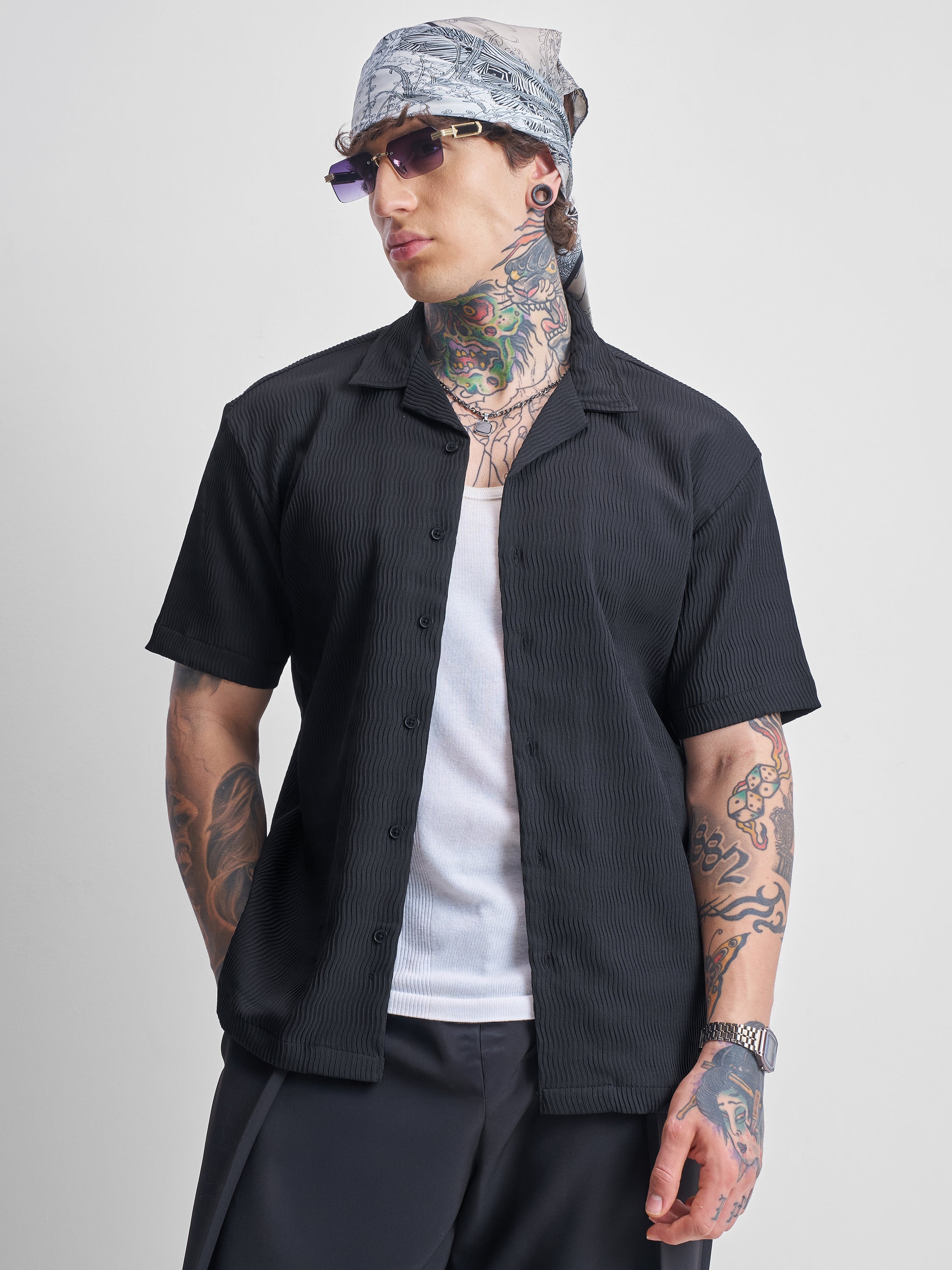 Highlander Men Black Self Design Relaxed Fit Casual Shirt - Black - Image 6