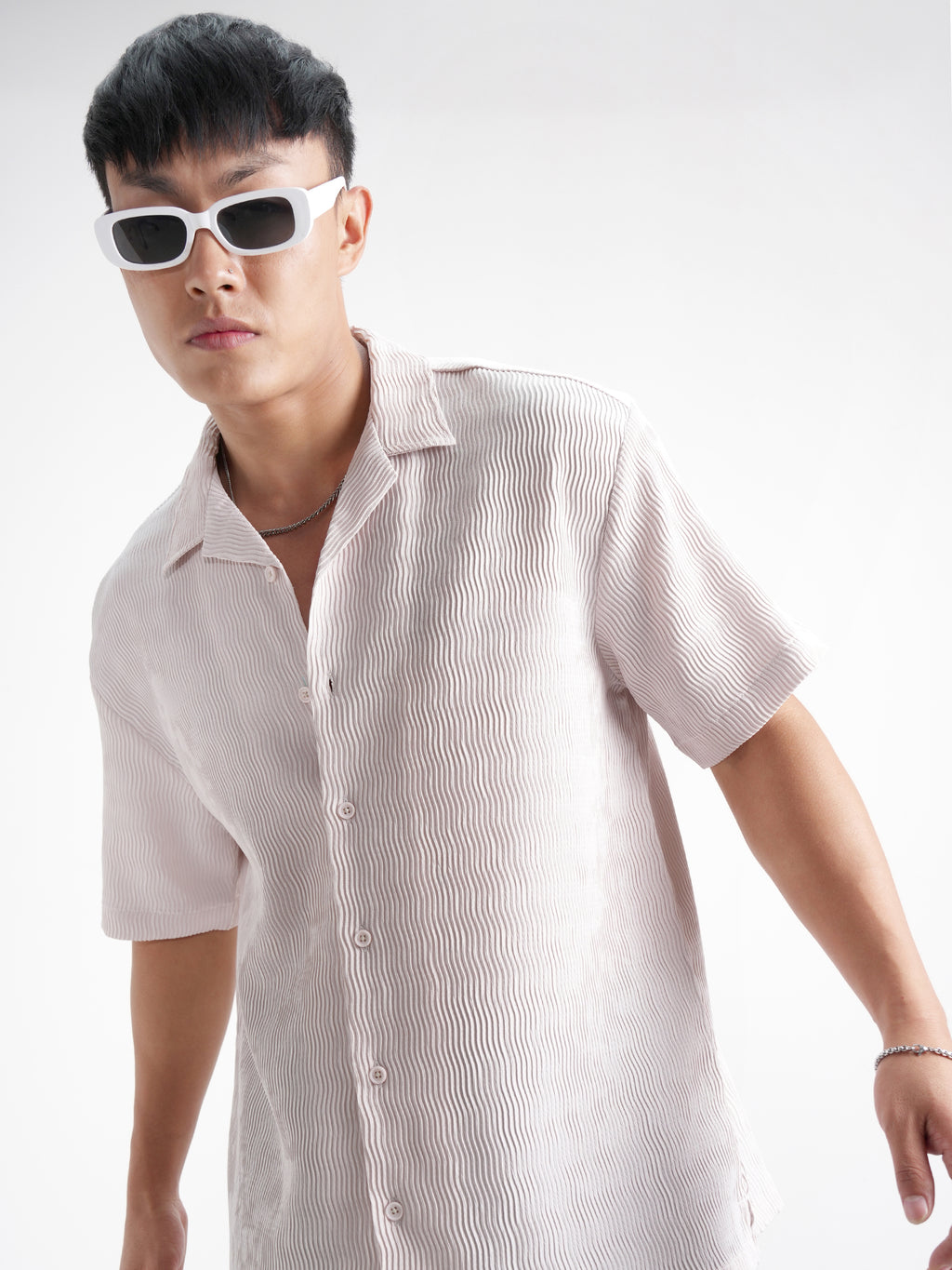 Highlander Men Cream Self Design Relaxed Fit Casual Shirt - Cream - Image 1