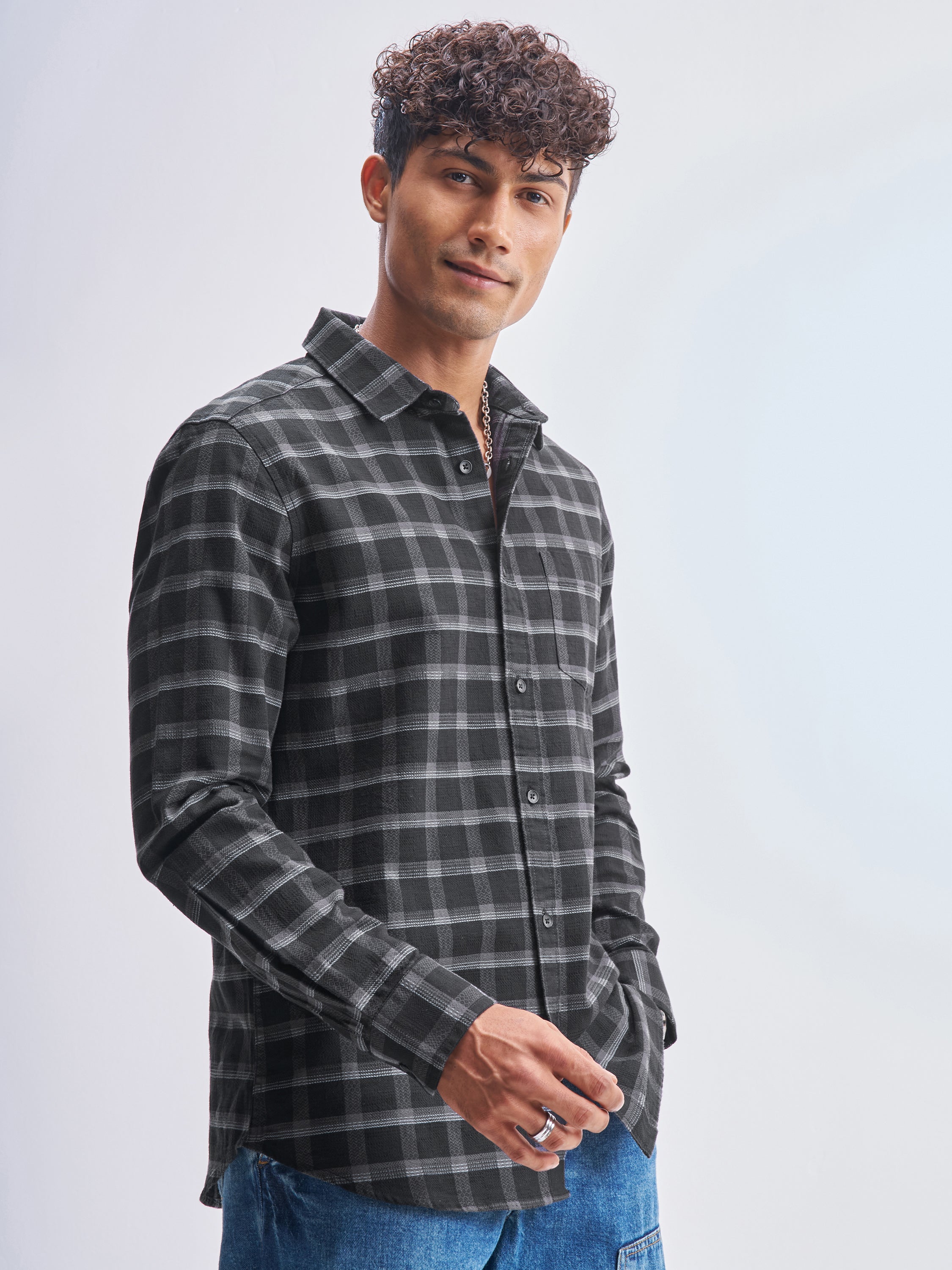 Highlander Men Black Checked Slim Fit Casual Shirt - Black - Image 6