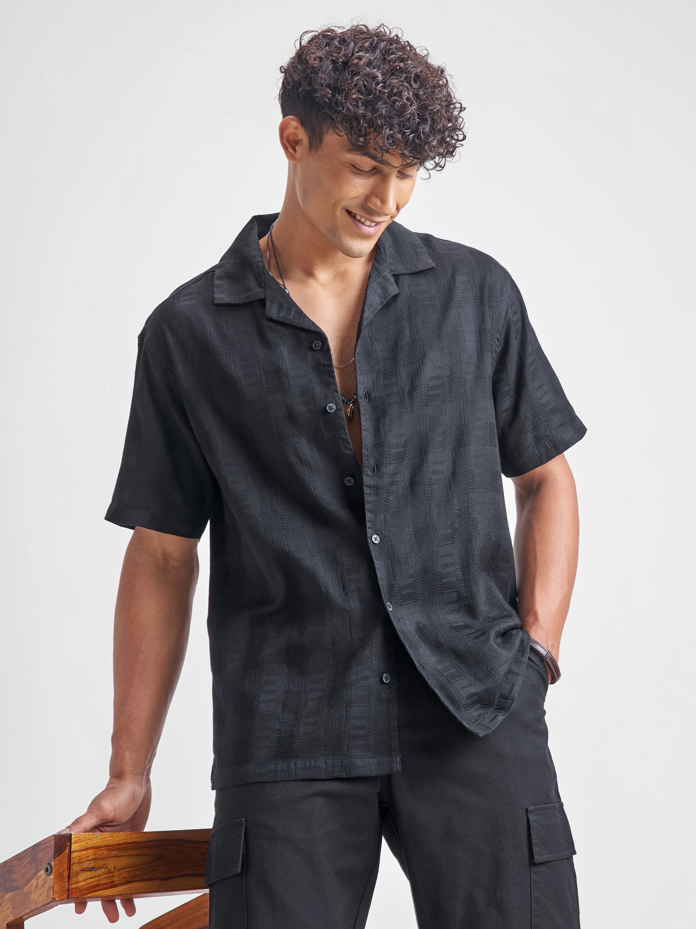 Highlander Men Black Self Design Relaxed Fit Casual Shirt - Black - Image 1