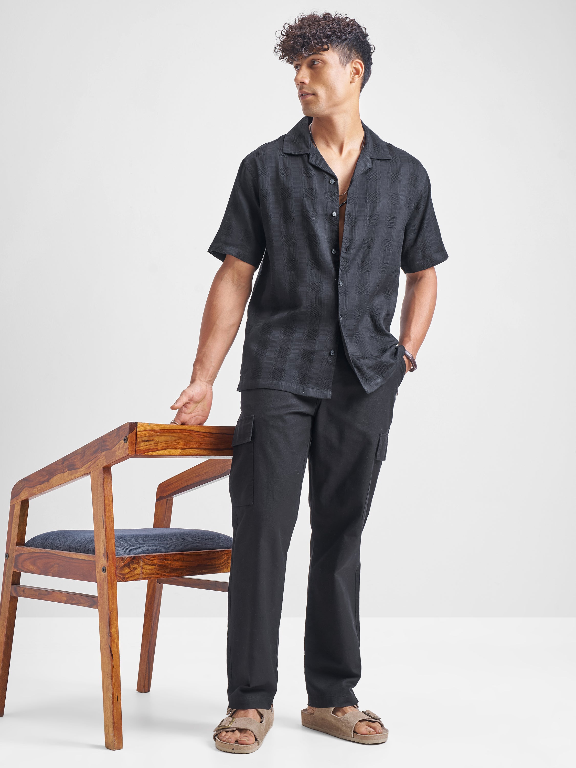 Highlander Men Black Self Design Relaxed Fit Casual Shirt - Black - Image 2